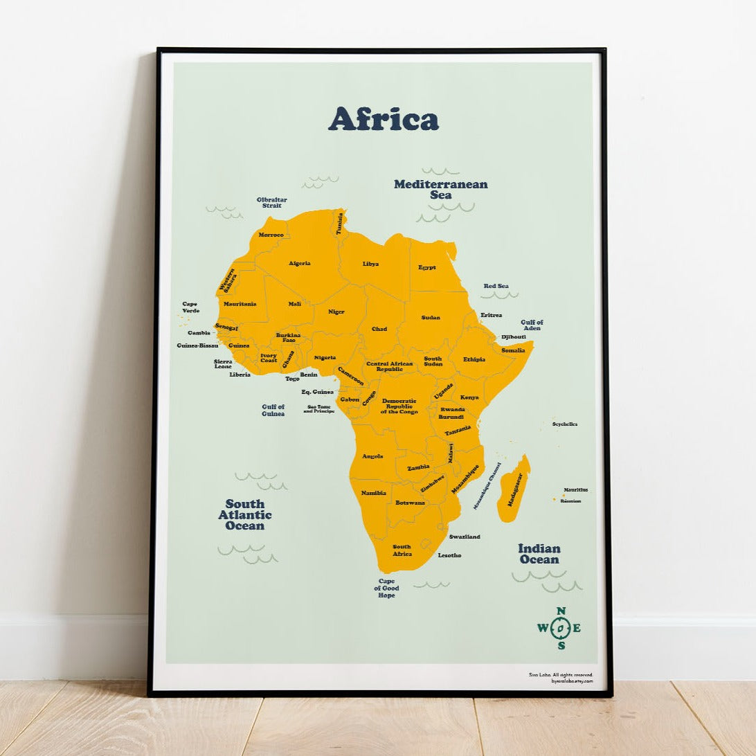A printable map of Africa with a green background, showing the names and borders of the countries.