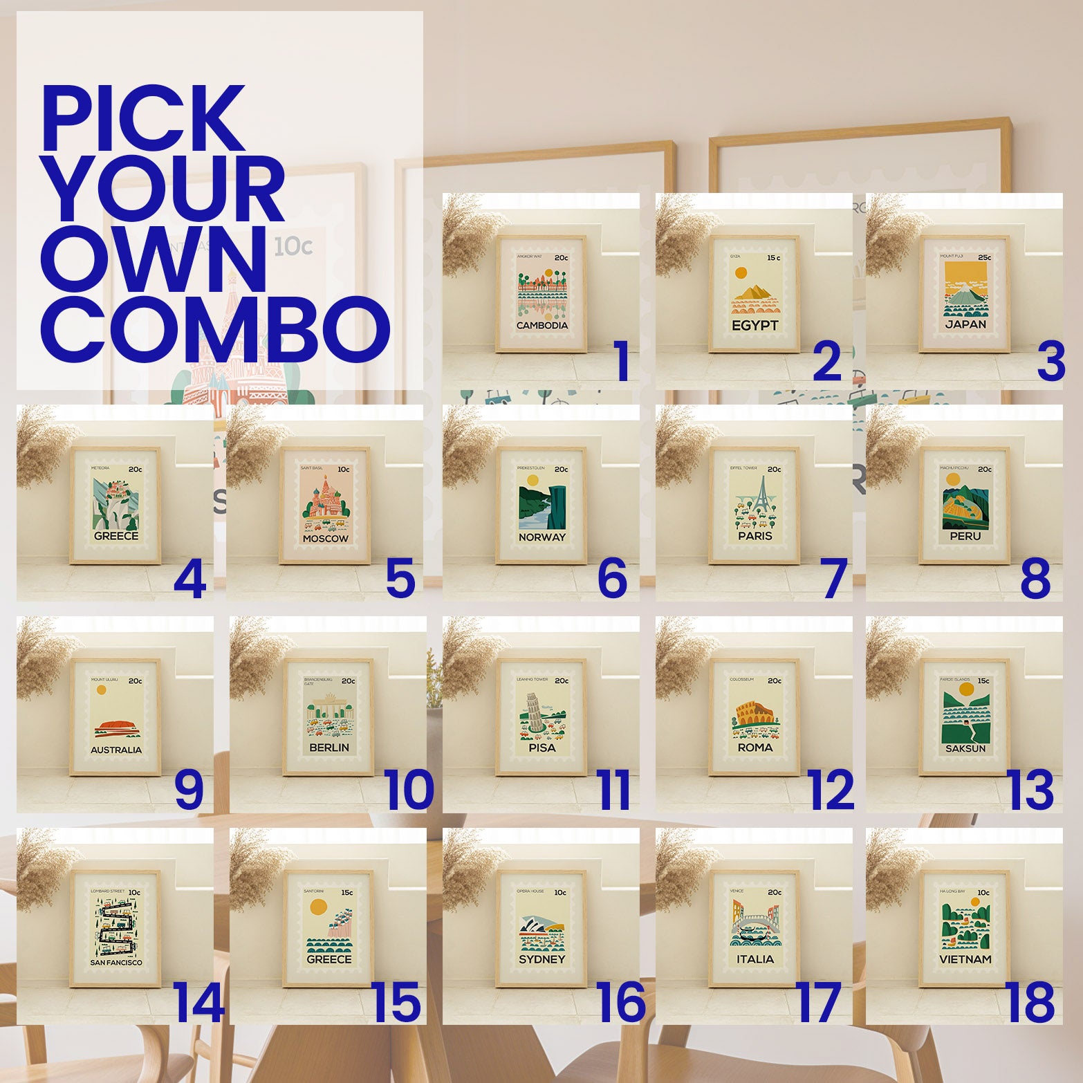 Grid of framed pictures with text 'Pick Your Own Combo' at the top.