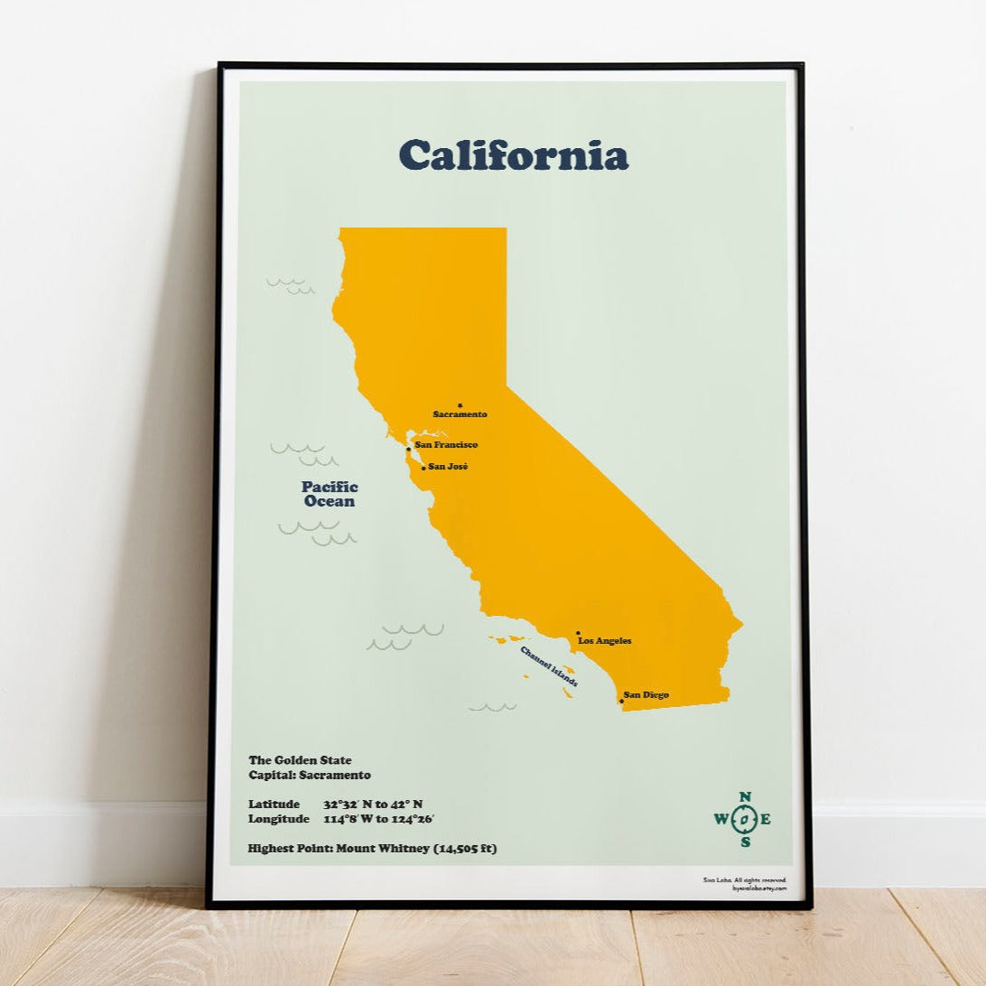 A printable map of California State with a capital, shown in orange color. The map includes details such as the state's motto, a brief history, and the location of major cities.