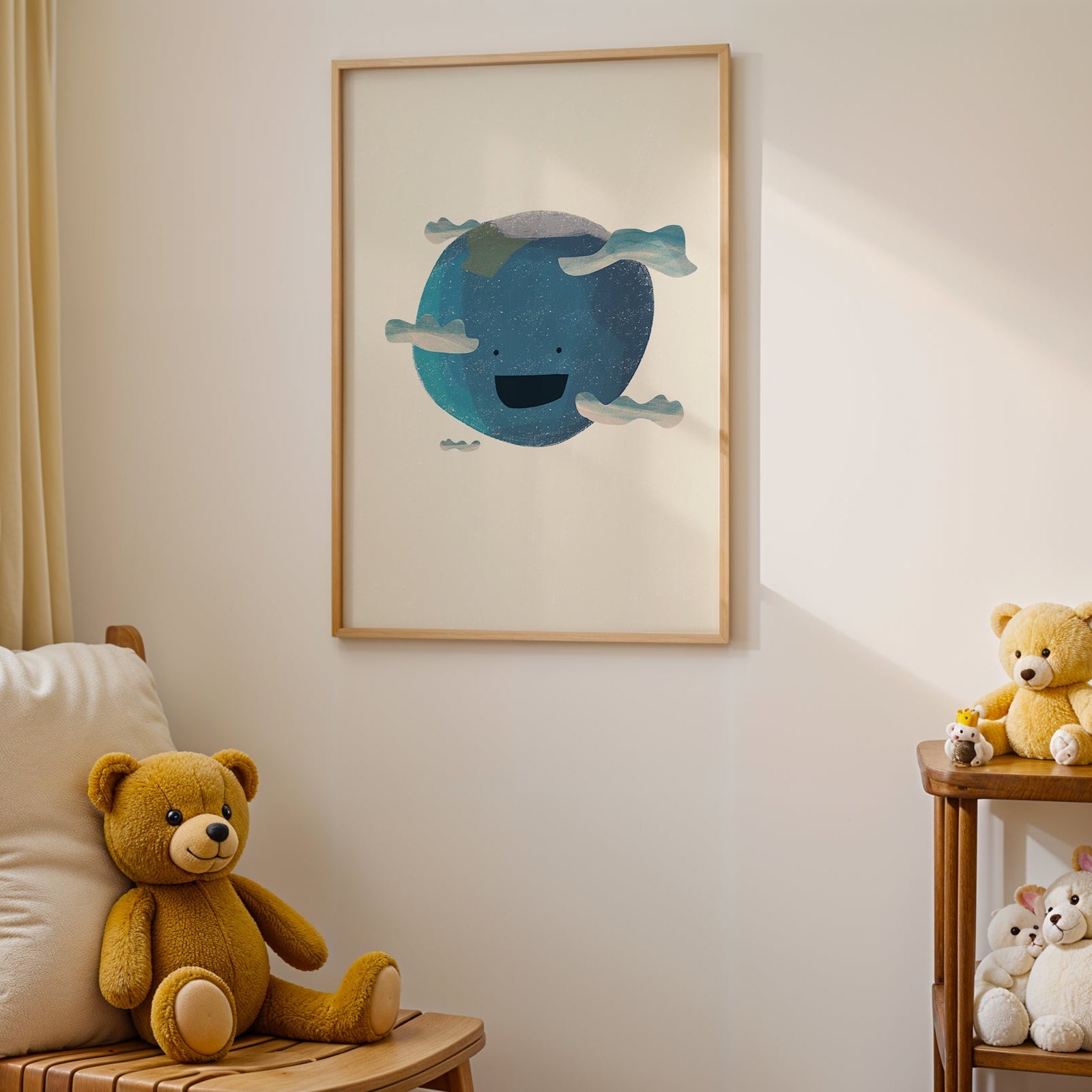 Nursery room with teddy bear on a chair and framed artwork on the wall.