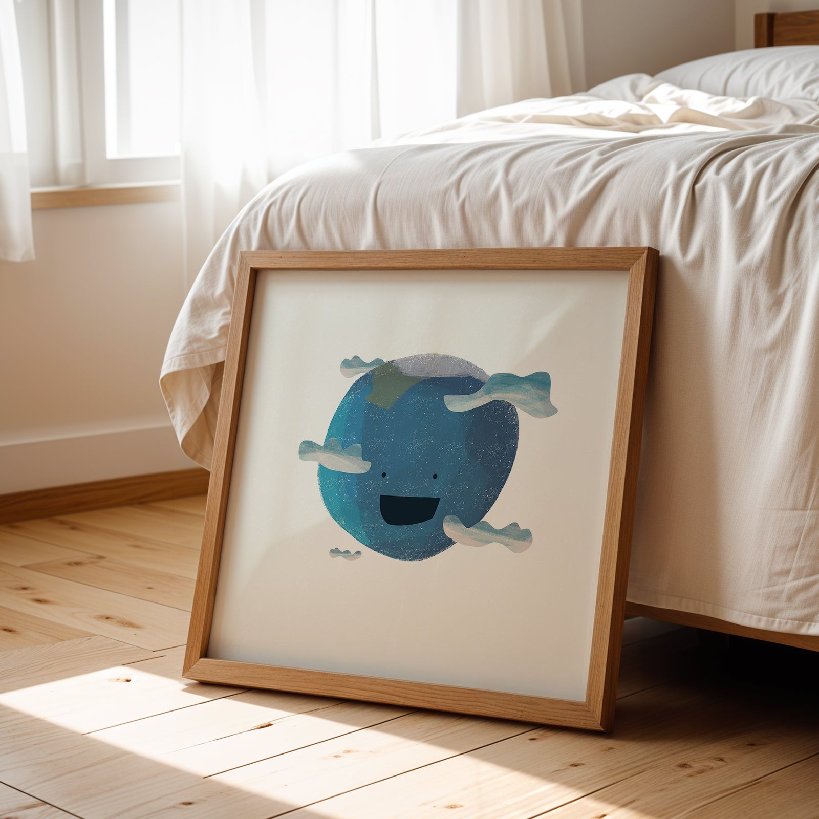 Framed artwork of a blue cartoon character on a wooden floor in a bedroom.
