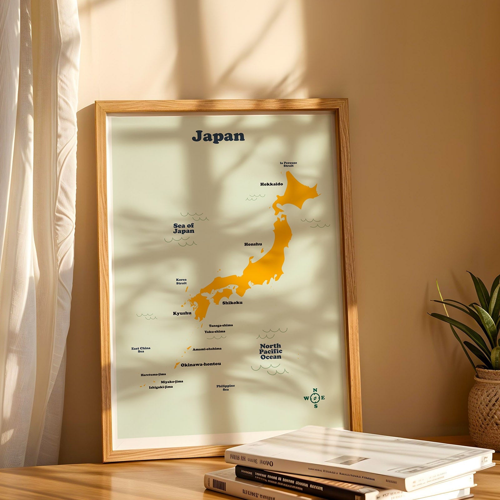 Framed map of Japan on a wooden surface with a plant in the background