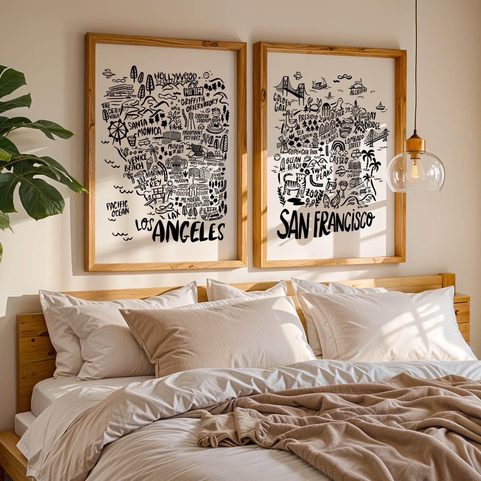 Bedroom with framed prints of Los Angeles and San Francisco on the wall.