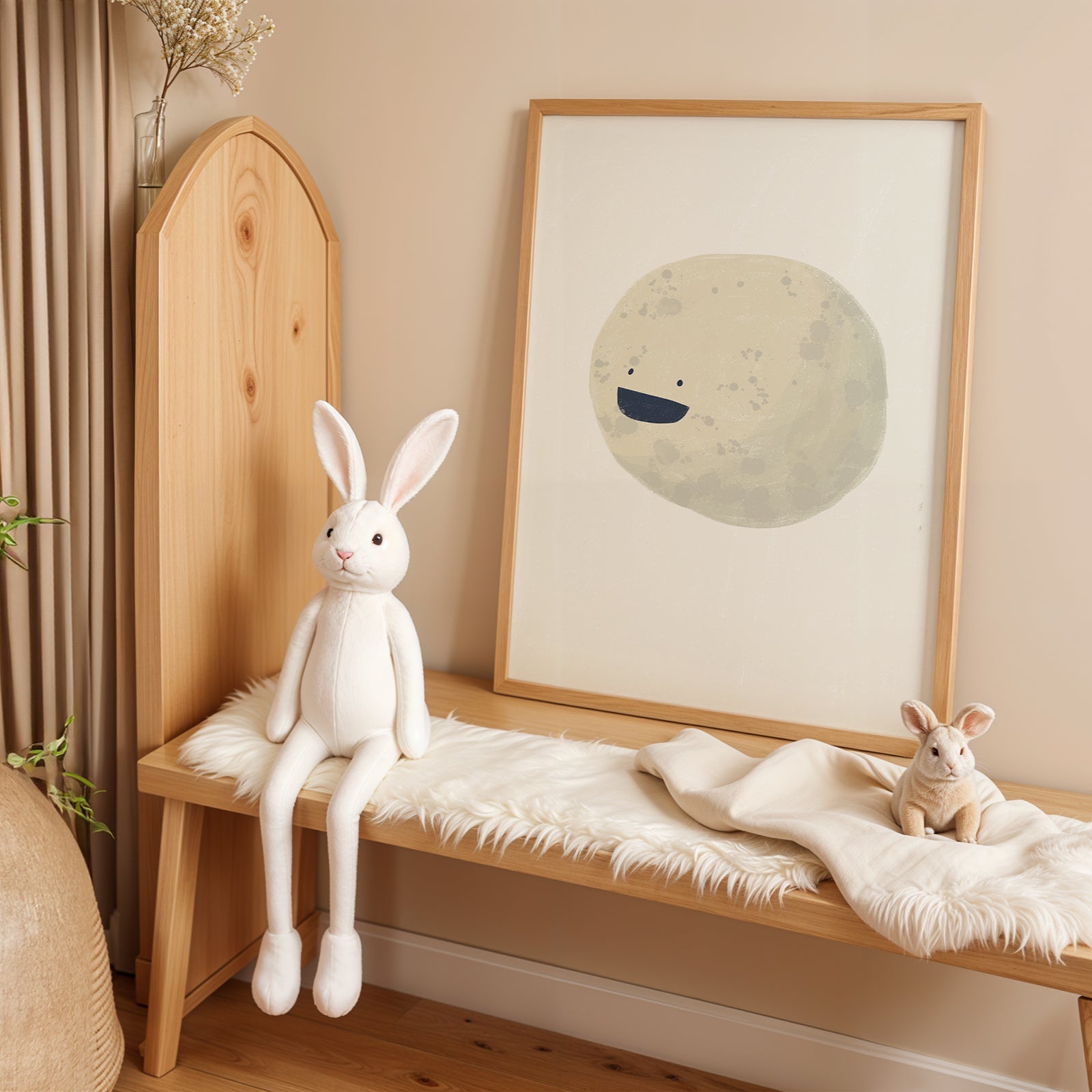 Wooden bench with plush toys and a framed picture on a beige wall