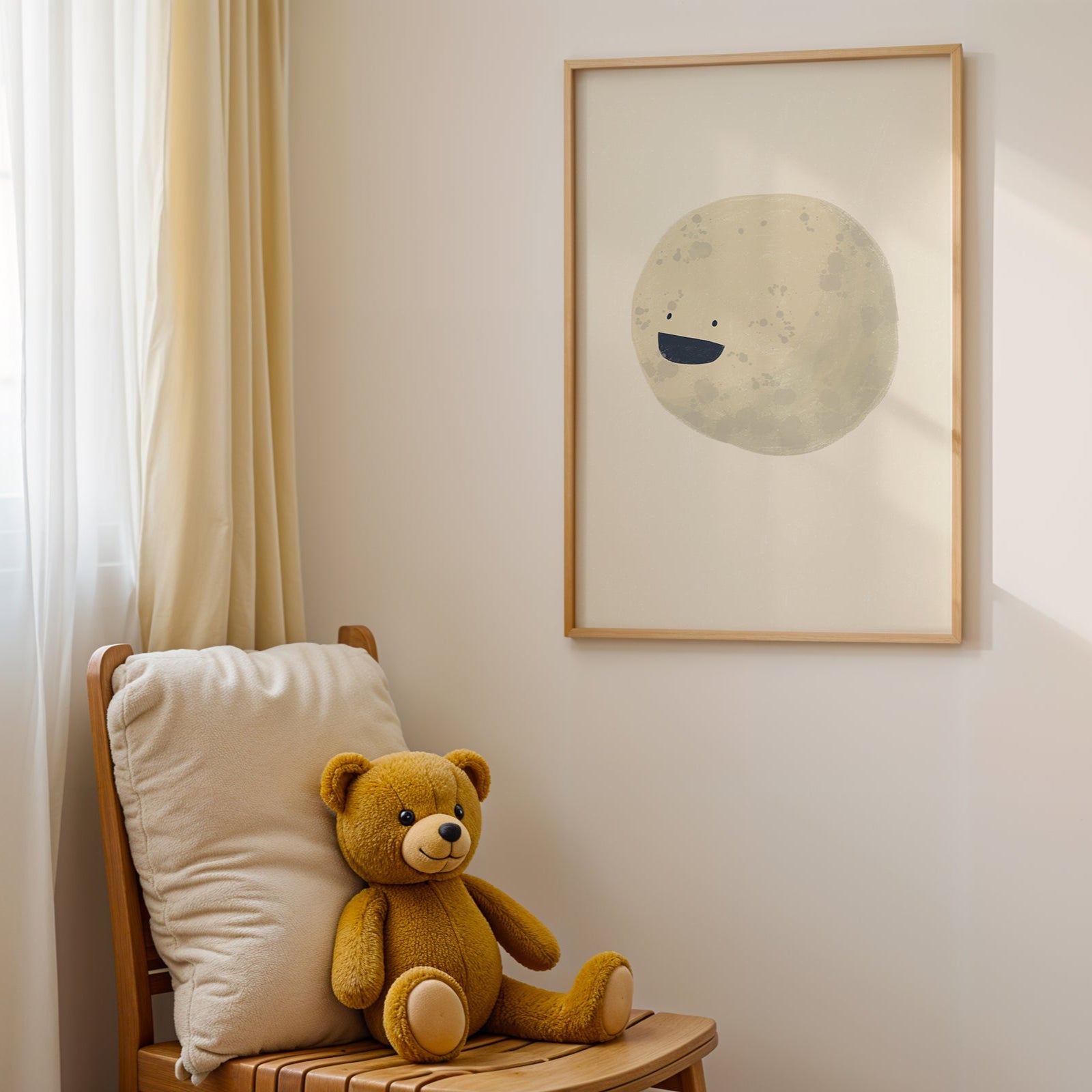 Nursery room with teddy bear on a chair and framed artwork on the wall.