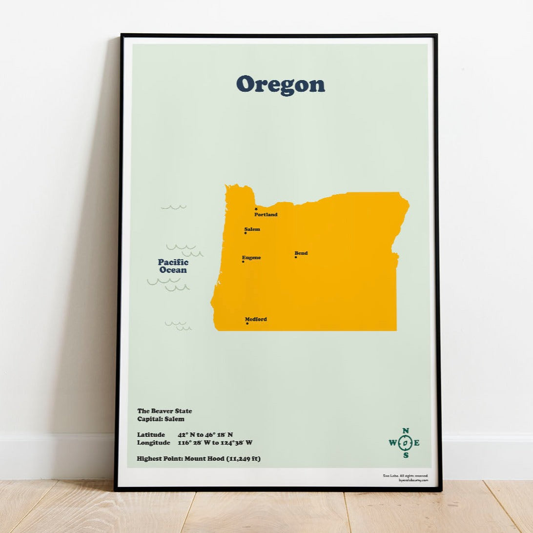 A printable map of the state of Oregon with the capital, major cities, and geographic details.