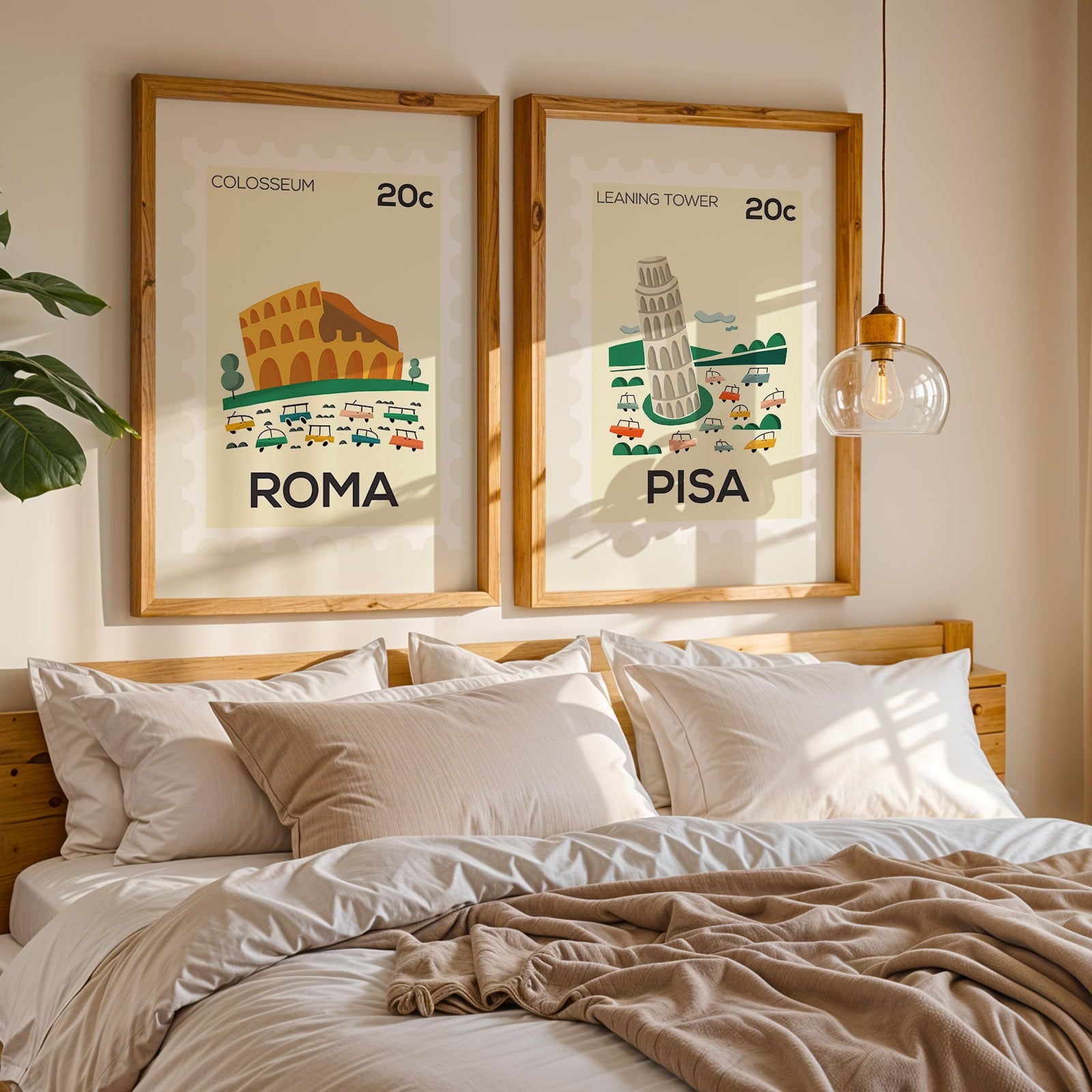 Bedroom with framed prints of the Colosseum and Leaning Tower of Pisa above a bed.