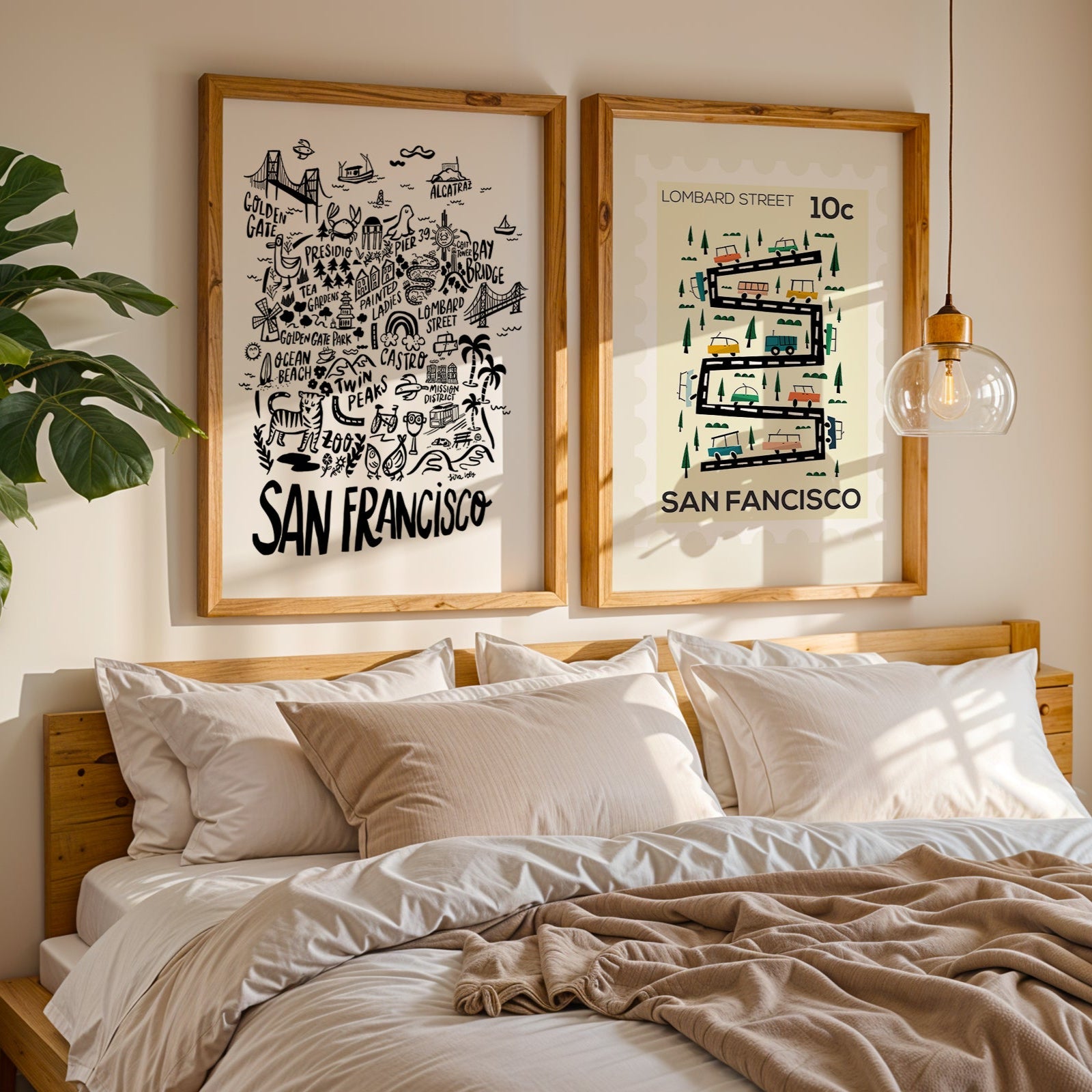 Bedroom with framed San Francisco artwork on the wall