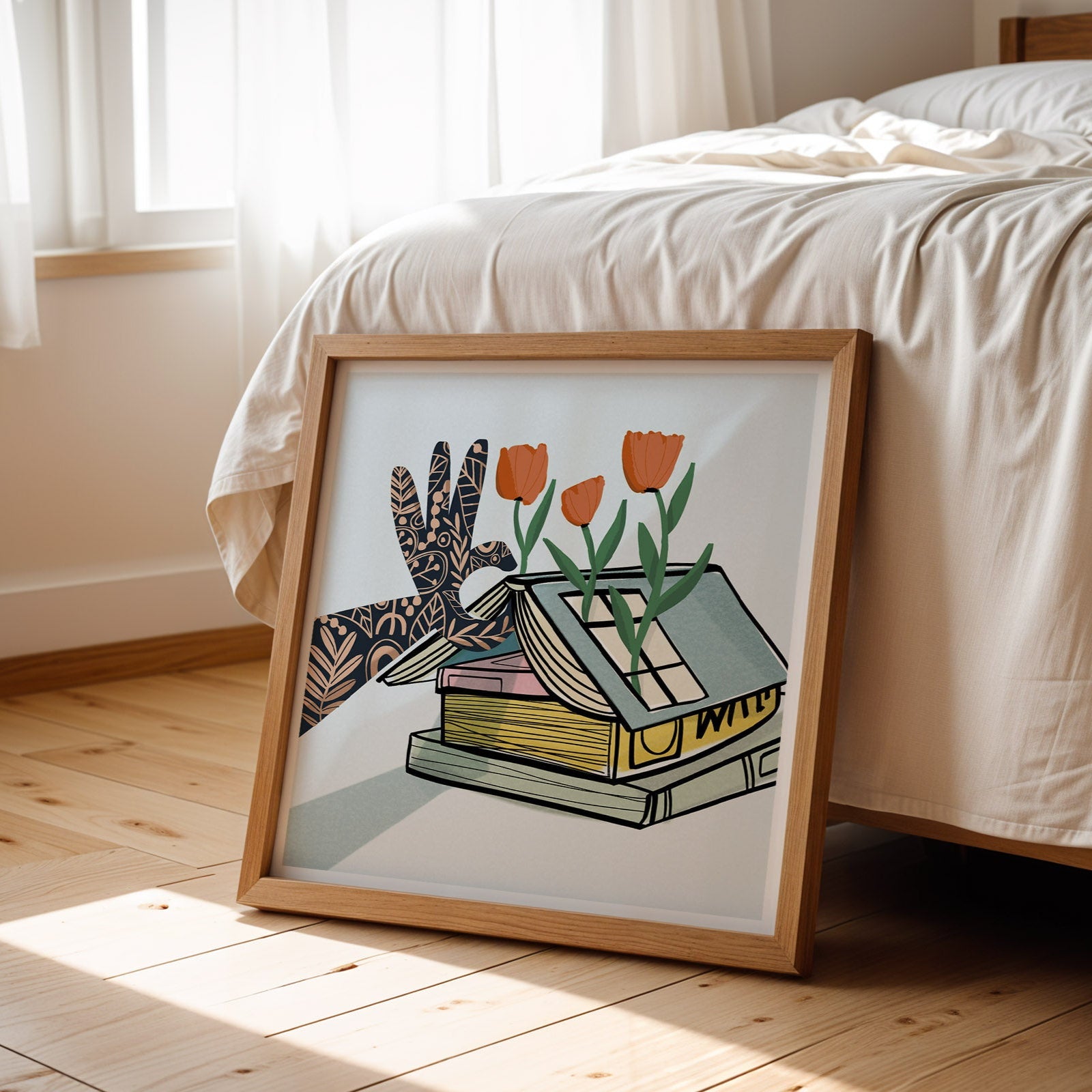 Framed artwork of a zebra with flowers on books in a bedroom setting