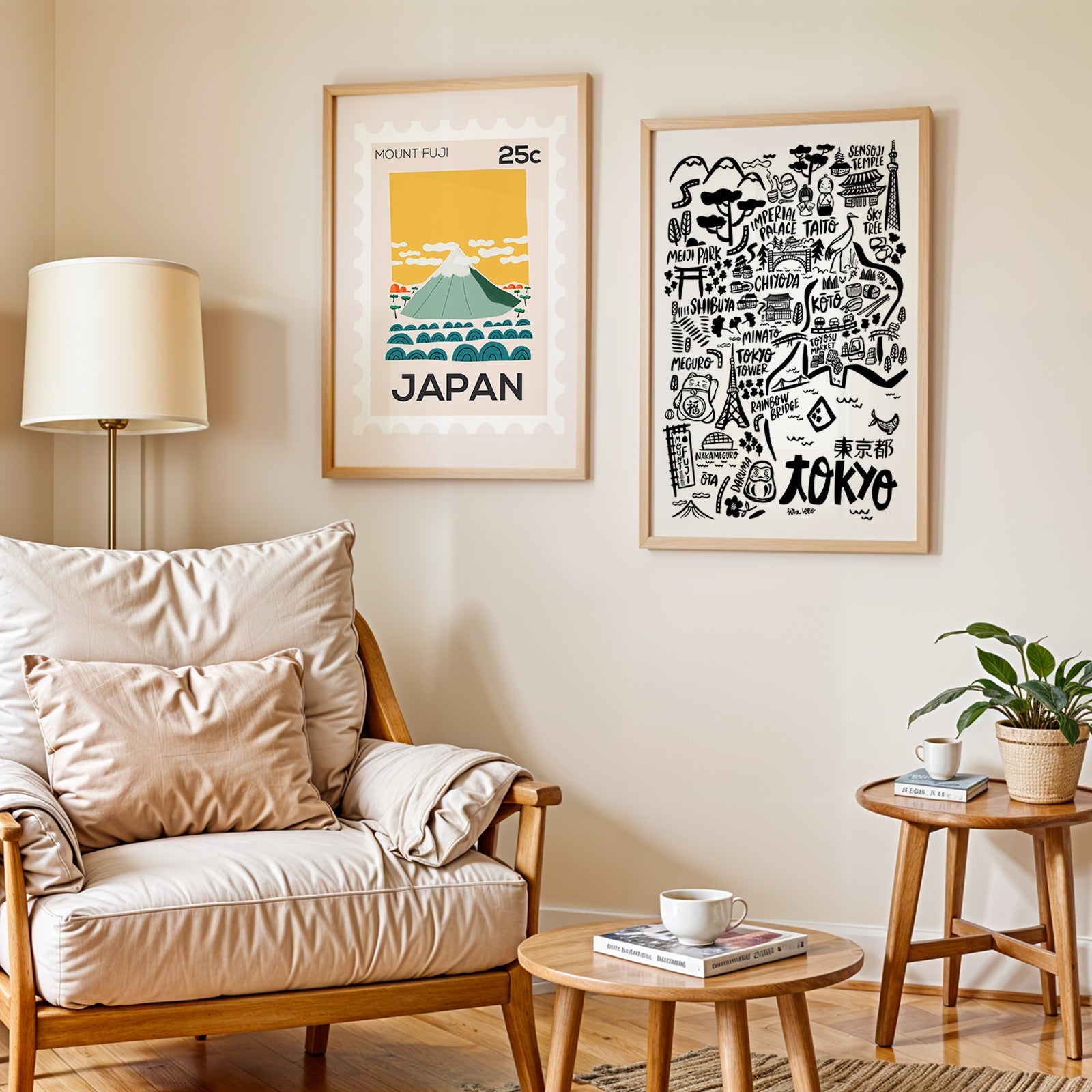 Living room with a beige armchair, wooden coffee table, and framed artwork on the wall.