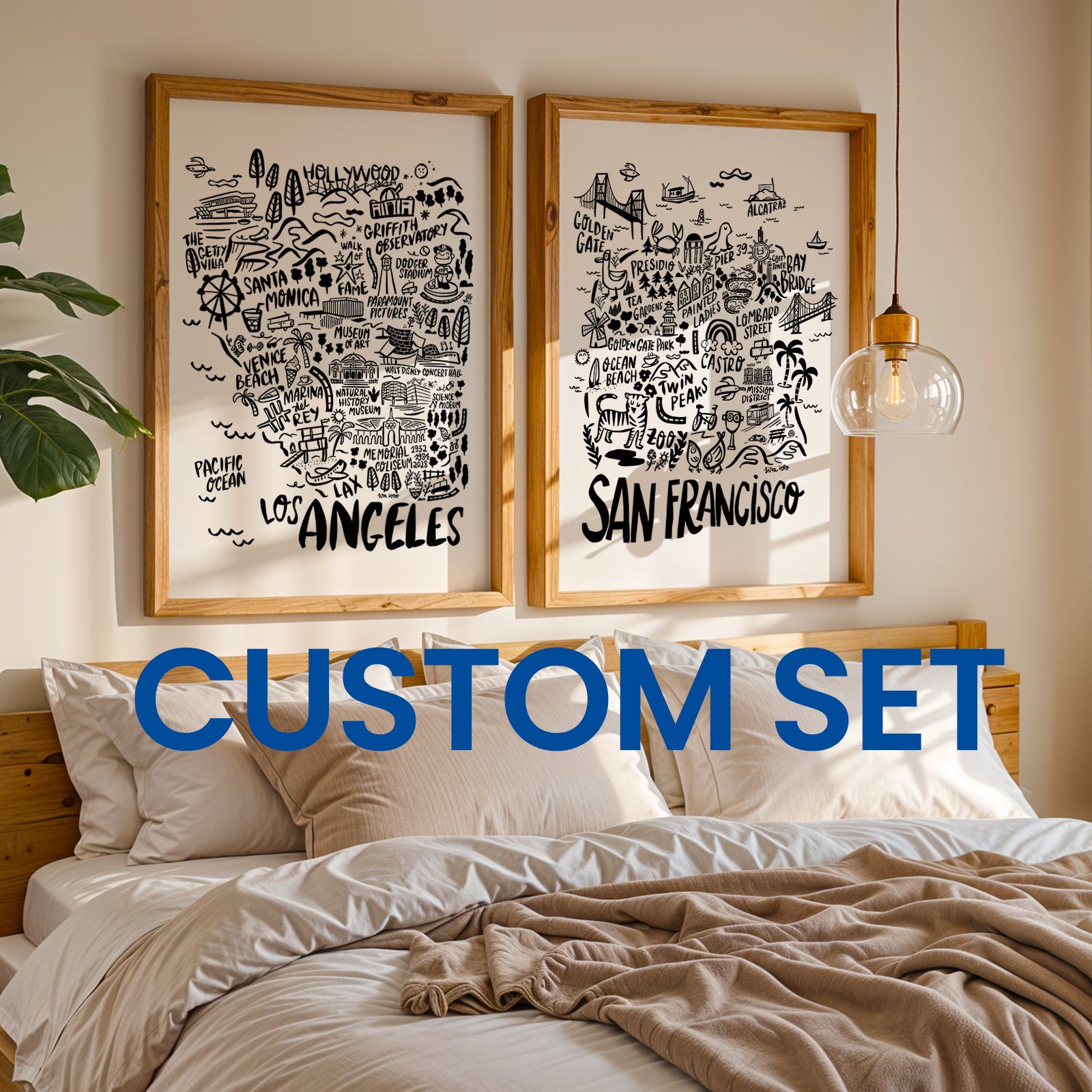 Two framed prints of Los Angeles and San Francisco on a wall above a bed with 'CUSTOM SET' text overlay.