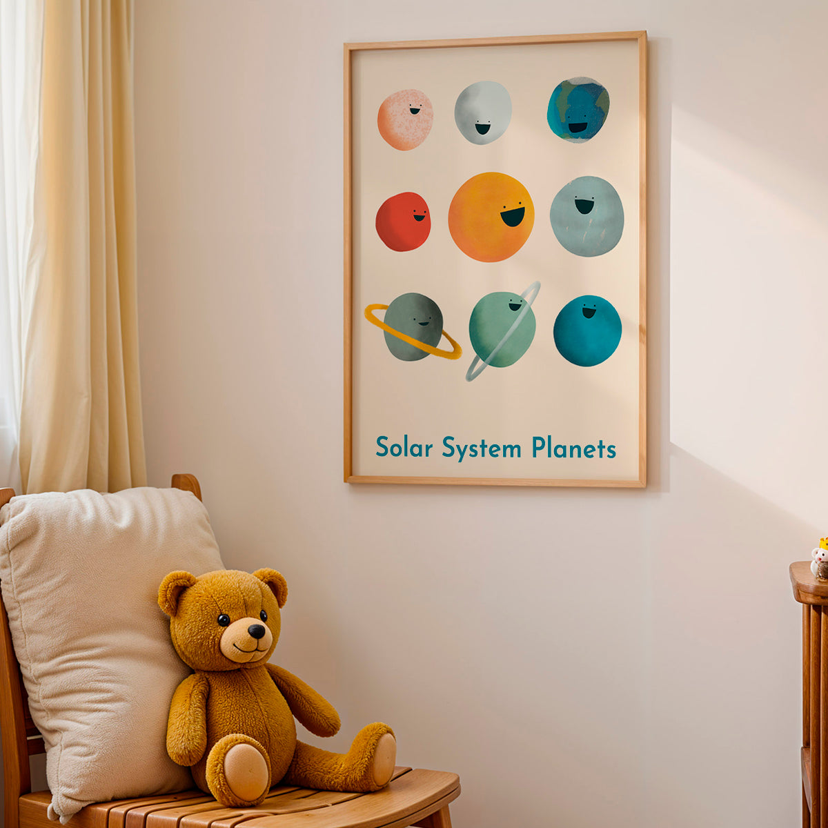 Framed 'Solar System Planets' poster above a teddy bear on a chair.