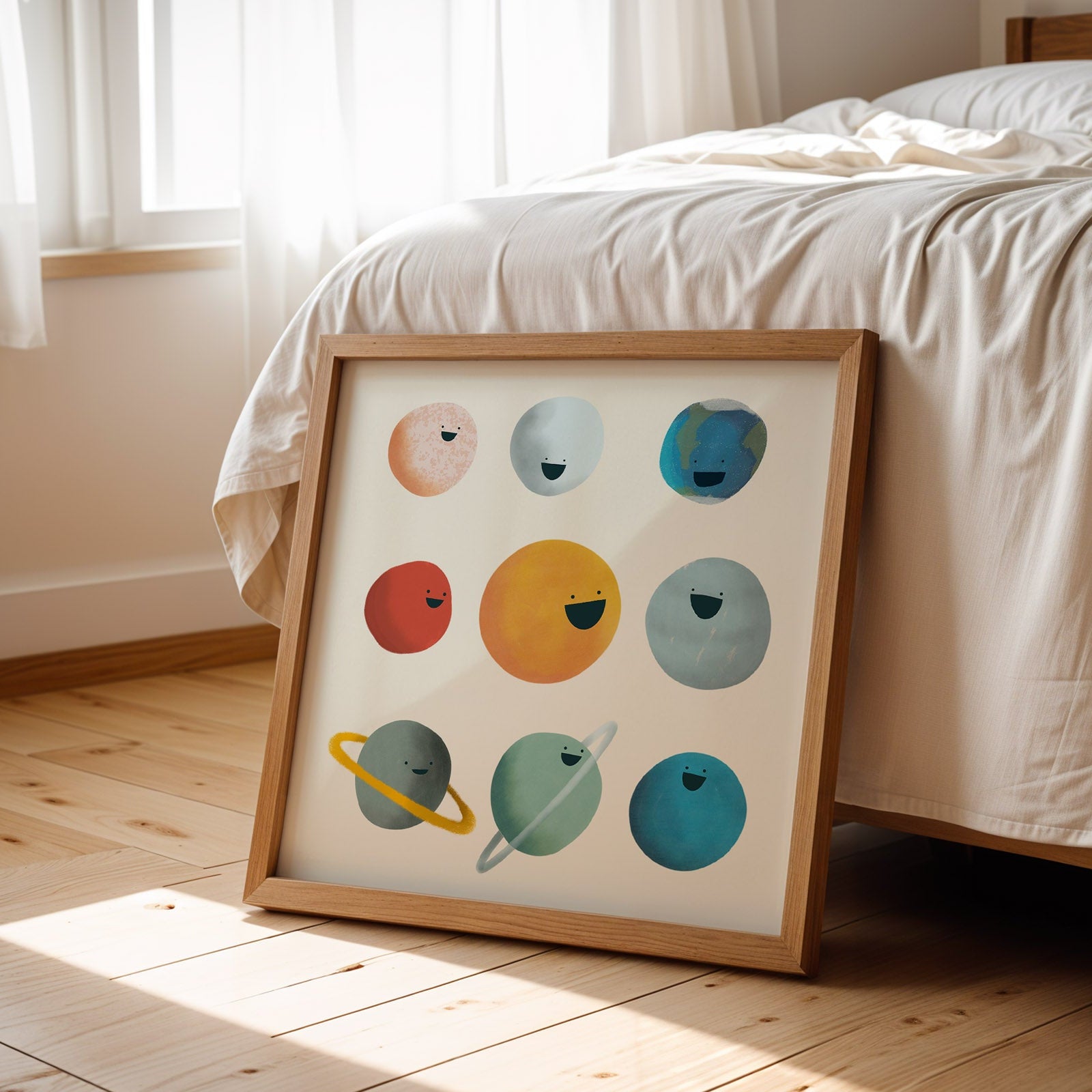 Framed artwork of colorful abstract designs on a wooden floor in a bedroom.