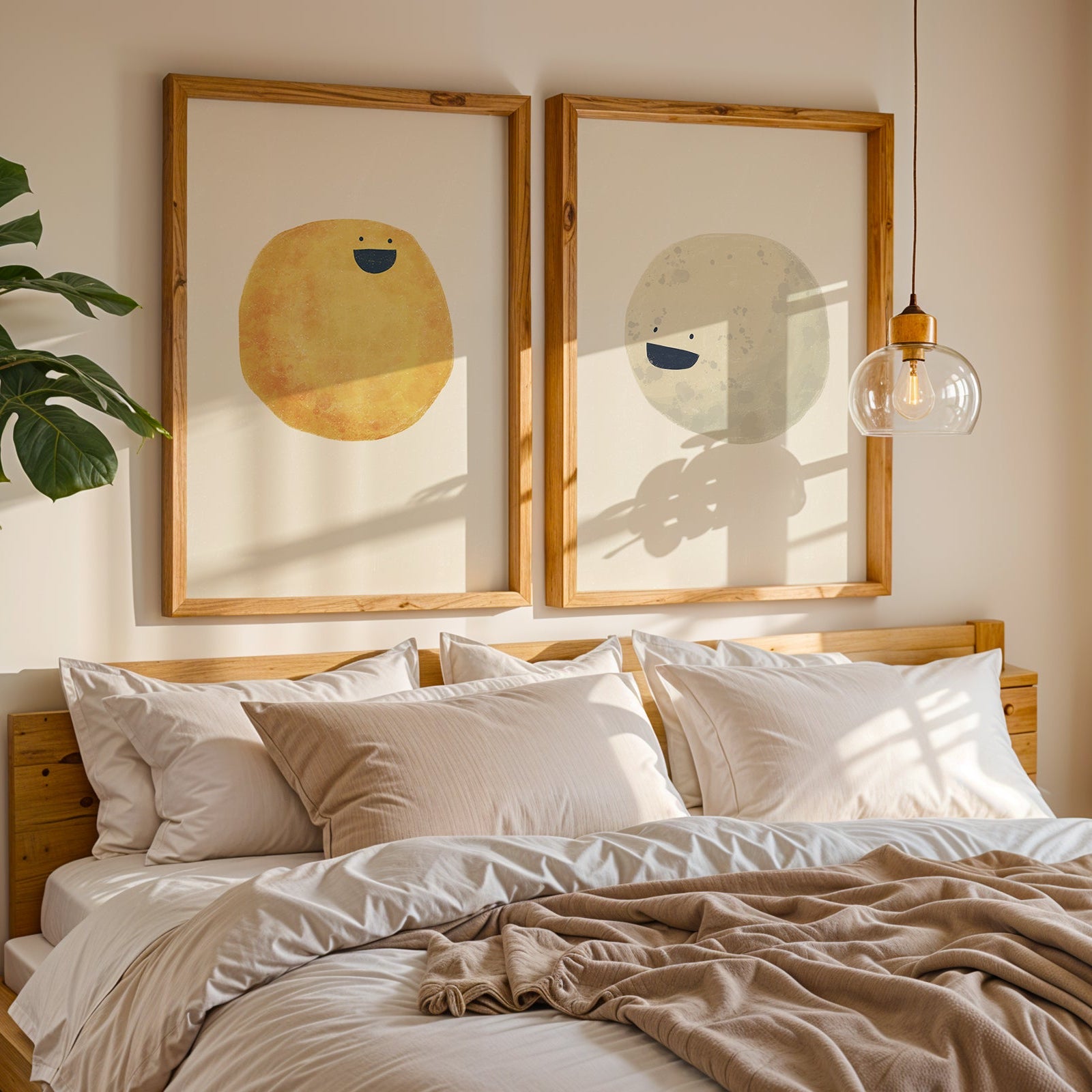 Neatly made bed with pillows and a blanket in a bedroom with framed artwork on the wall.