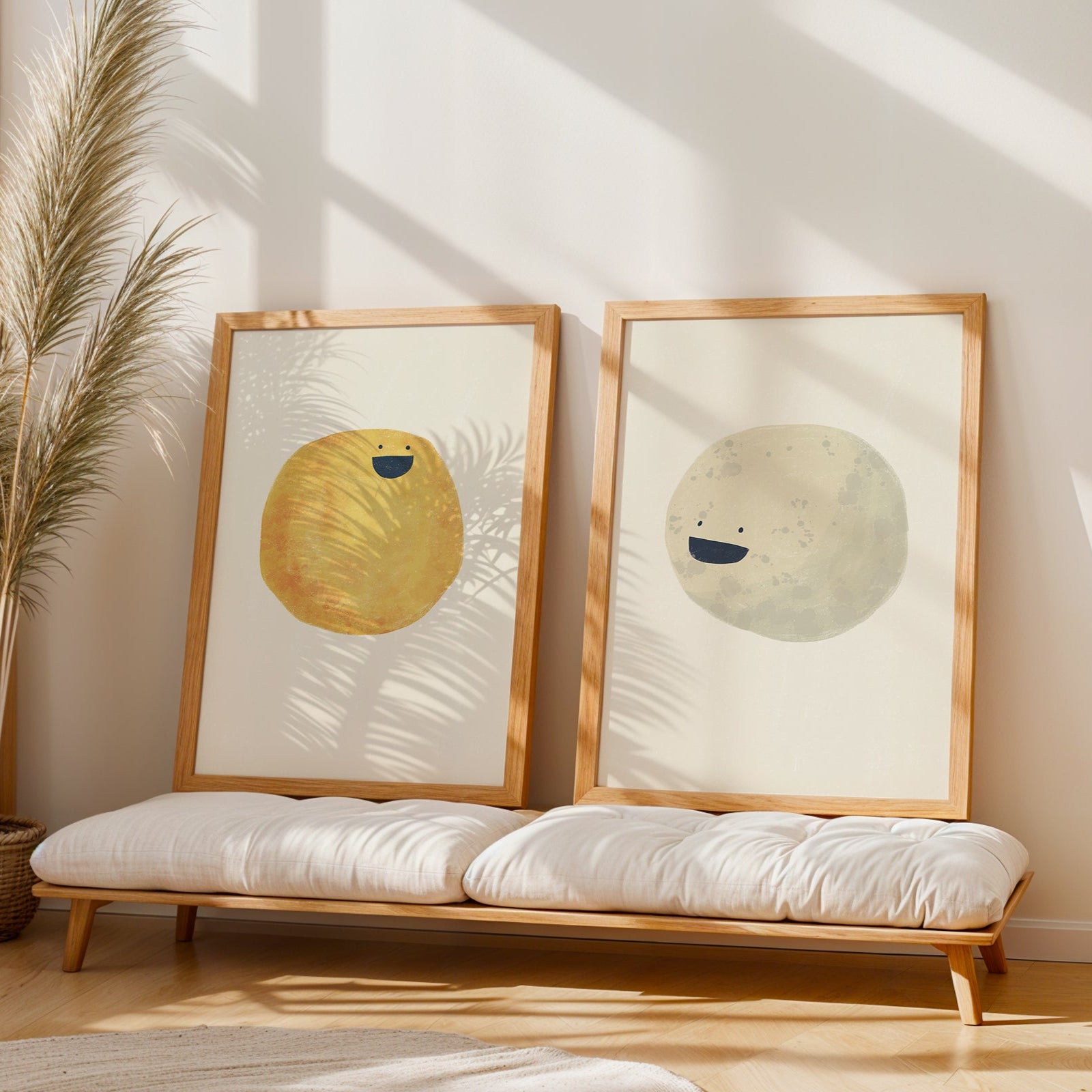 Two framed artworks on a bench with a plant and sunlight casting shadows on the wall.