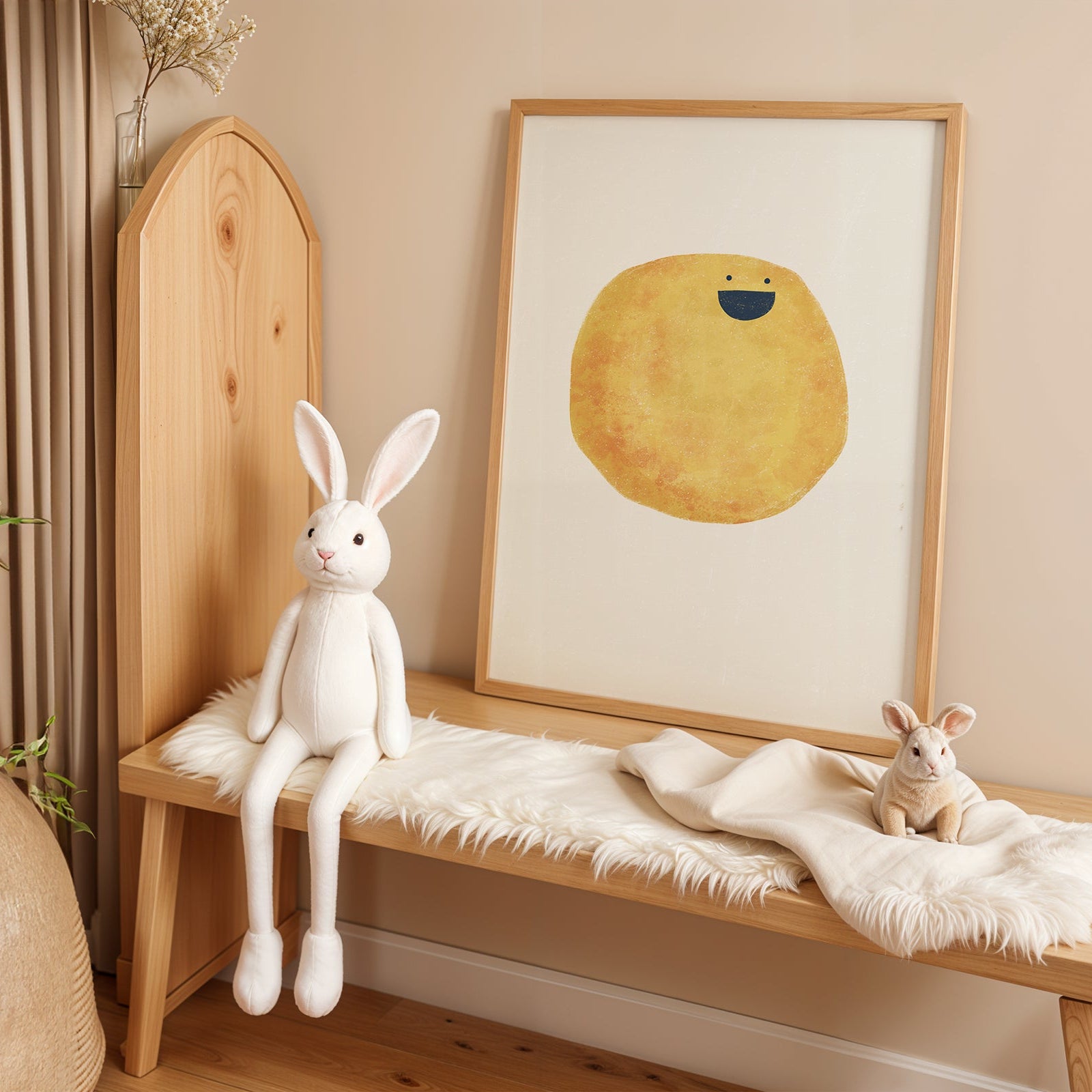 Wooden bench with plush toys and a framed picture on a beige wall
