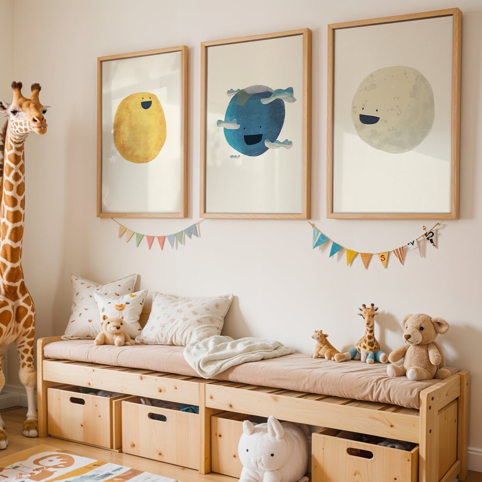 Children's room with a bench, toys, and framed pictures on the wall.