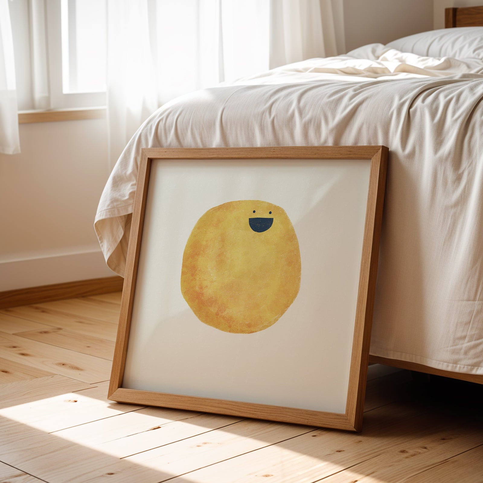 Framed artwork of a yellow character on a wooden floor in a bedroom.