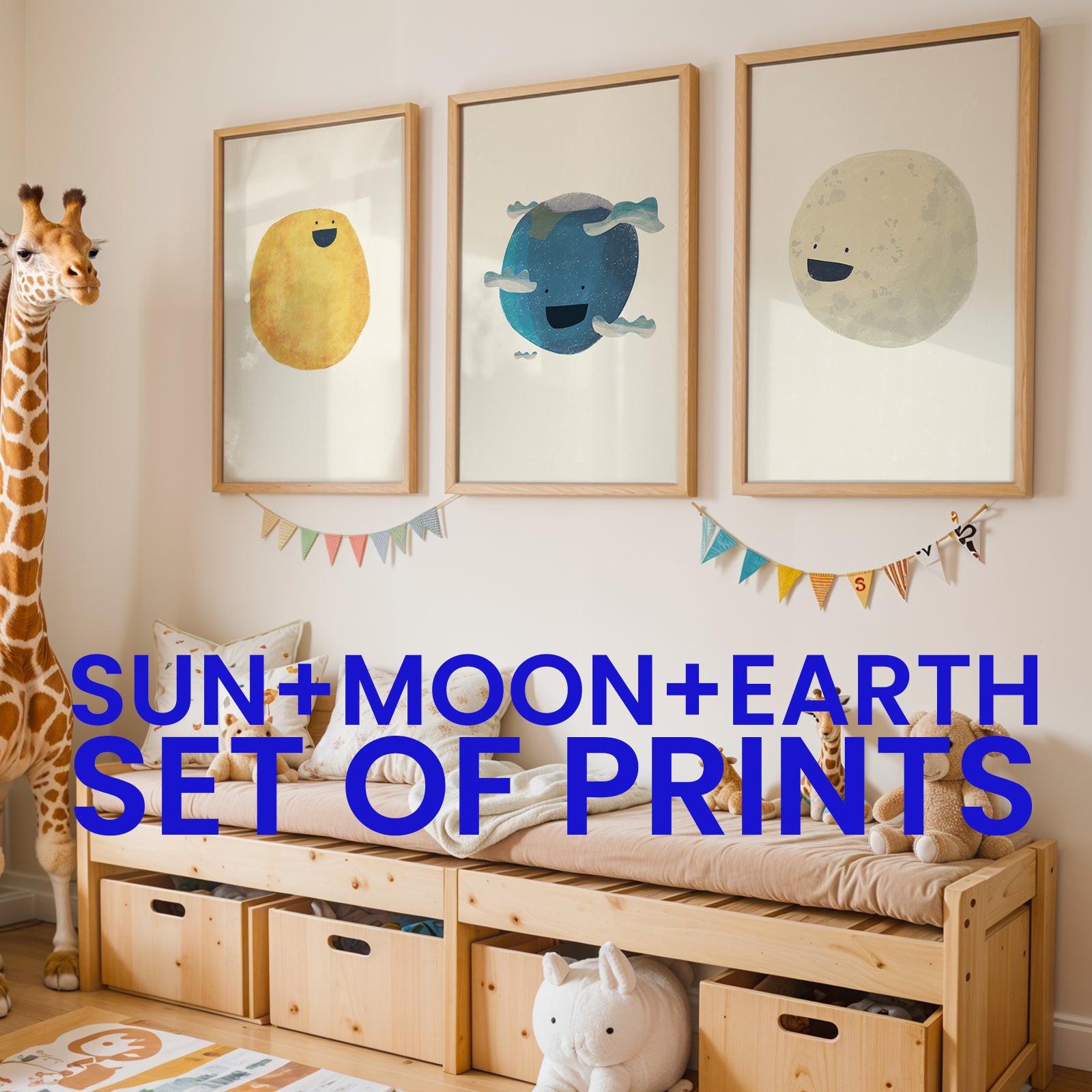 Children's room with framed prints of sun, moon, and earth, a giraffe toy, and wooden furniture.