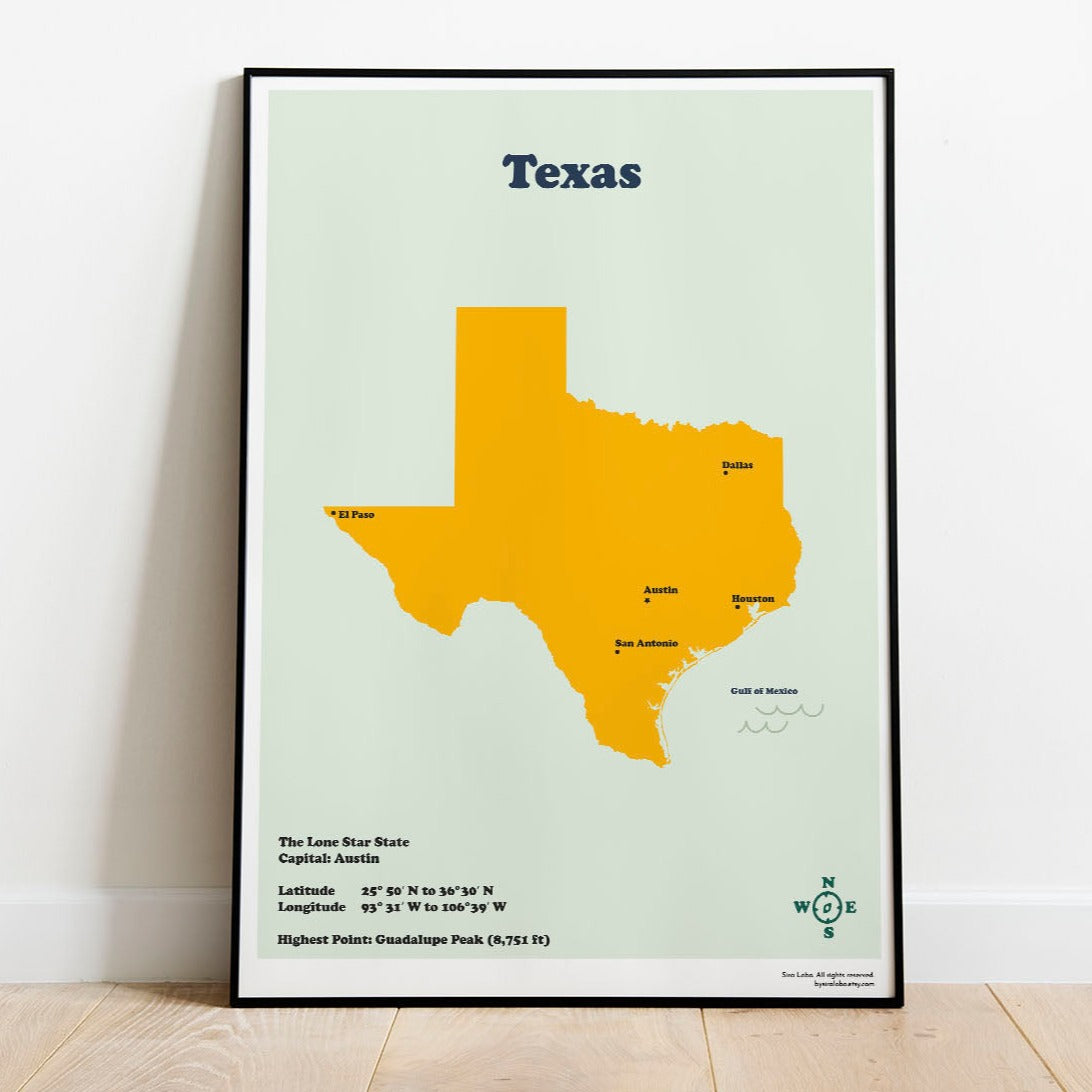 A printable map of the state of Texas with a yellow background, displaying the state's boundaries, major cities, and the capital city of Austin.