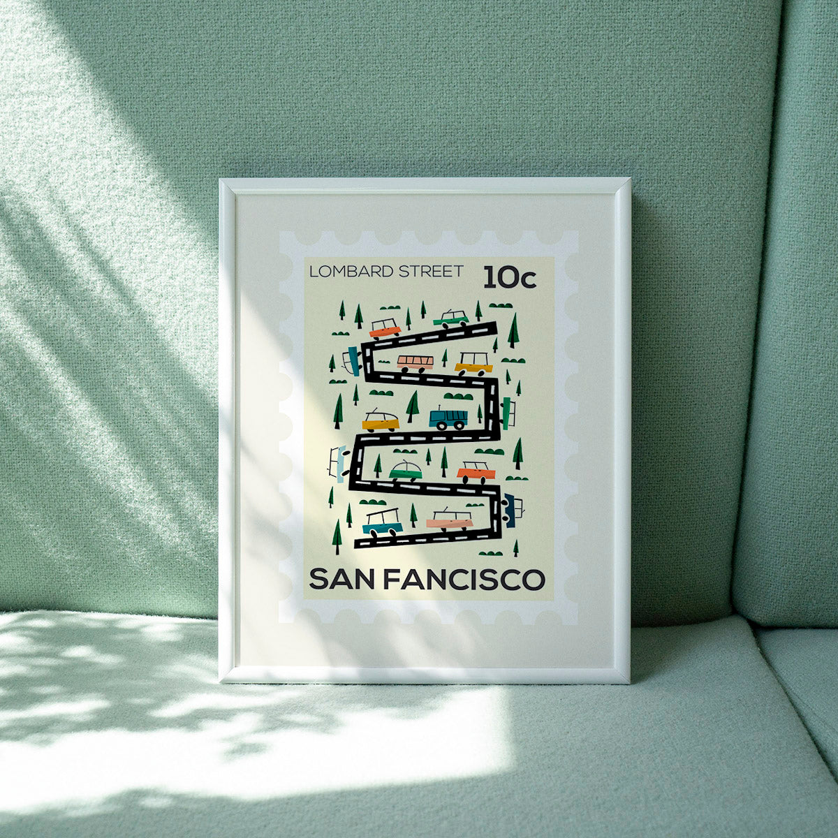 Framed artwork of Lombard Street in San Francisco on a light green background