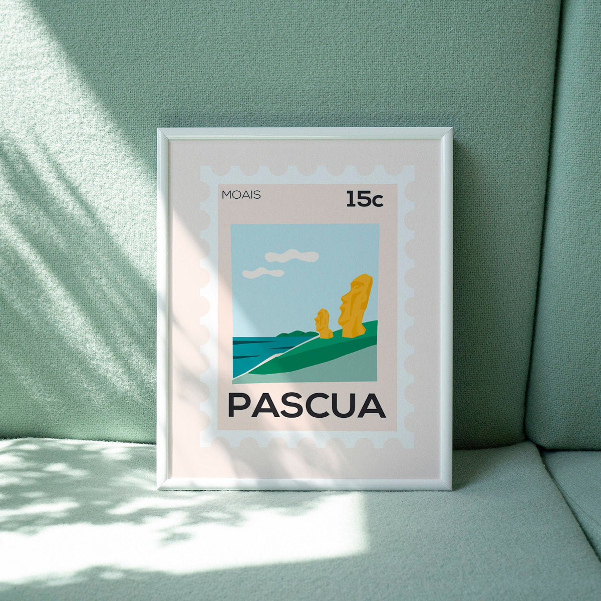 Framed artwork with 'Pascua' text and design on a light green surface