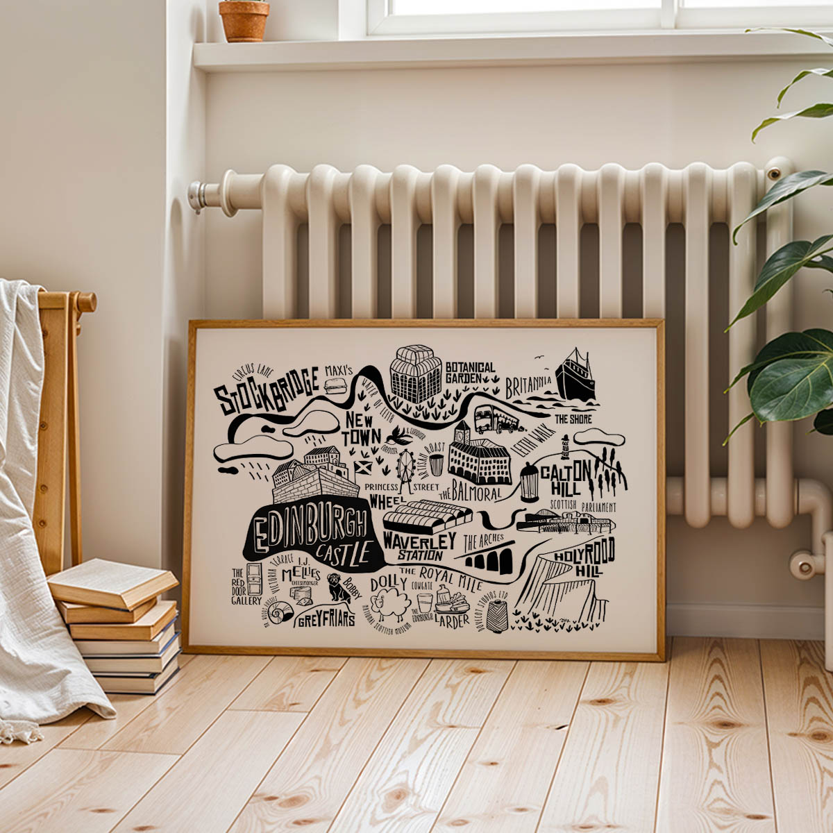 Framed map of Edinburgh on a wall above a radiator