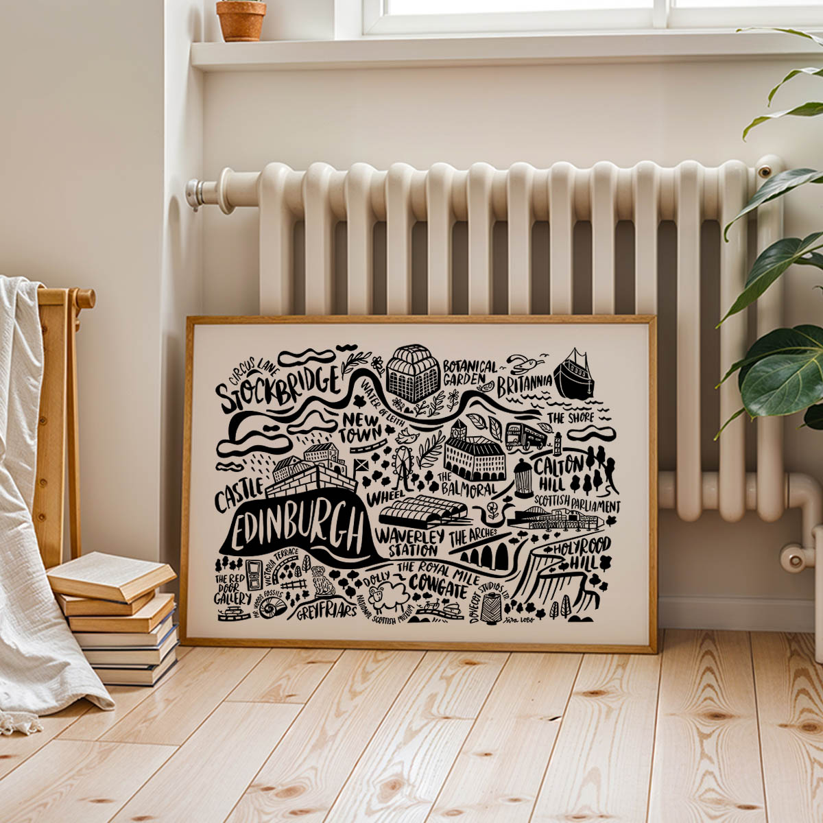 Framed map of Edinburgh on a wall above a radiator
