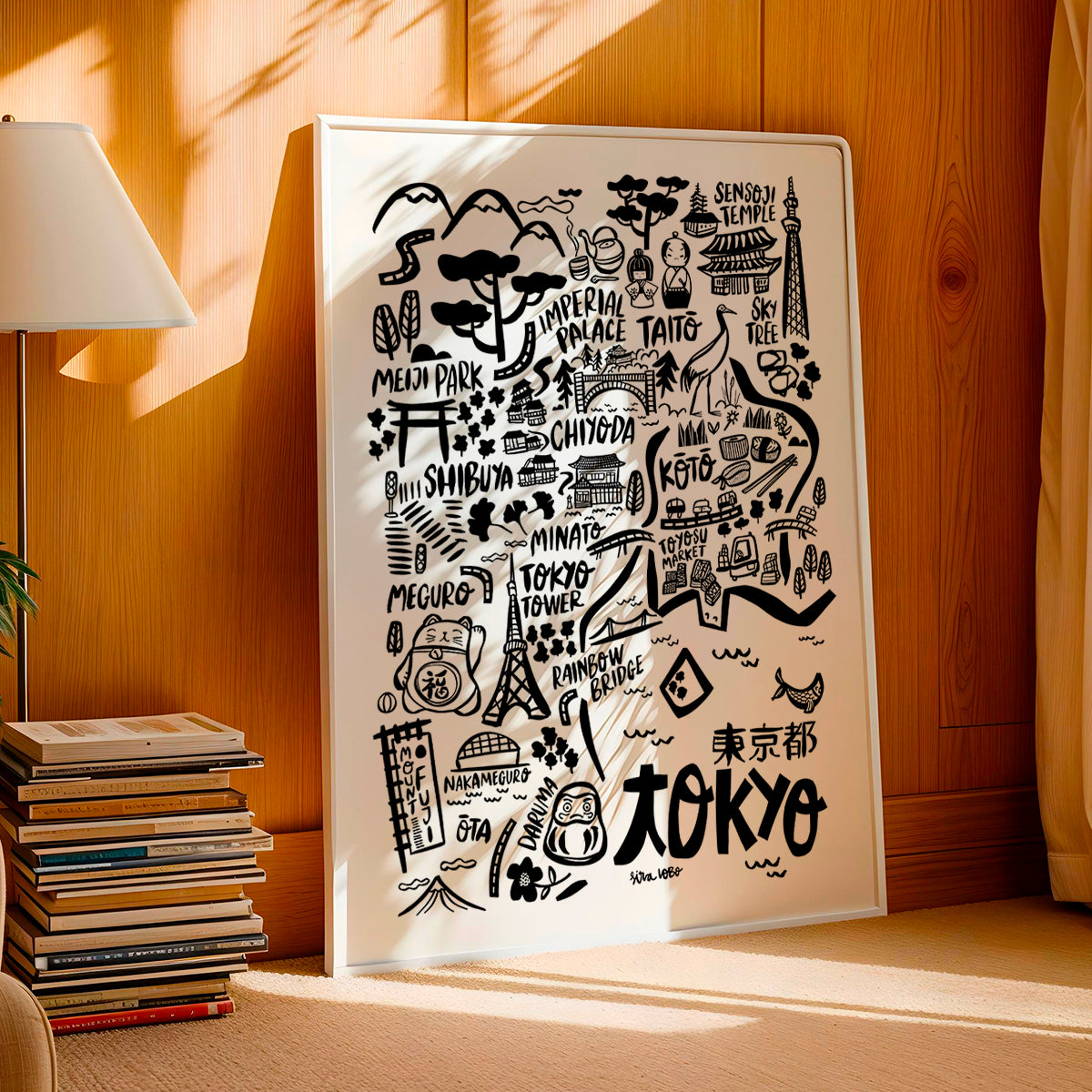 Decorative map of Tokyo with landmarks on a wooden wall.