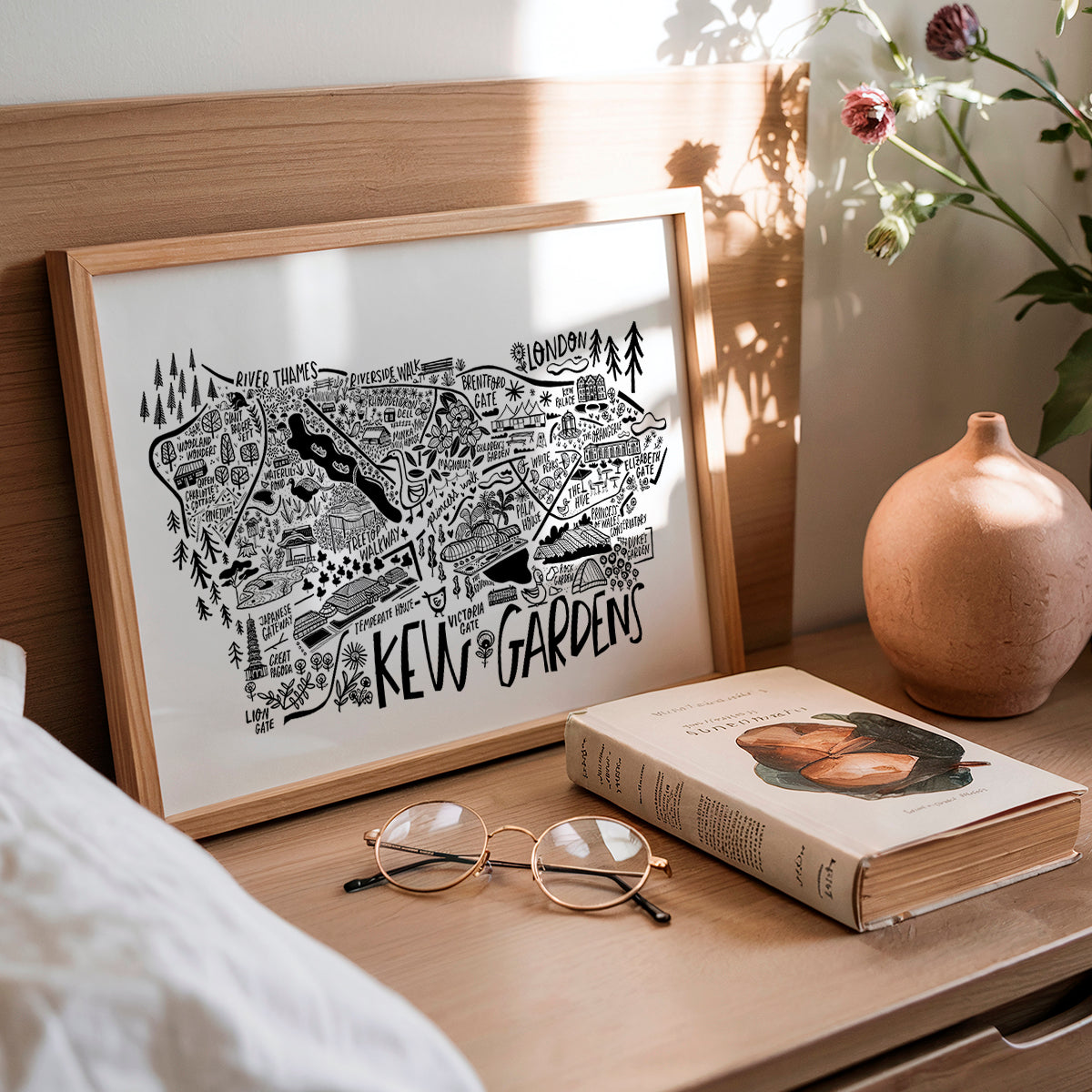 Framed map of Kew Gardens on a wooden surface with a book and glasses.