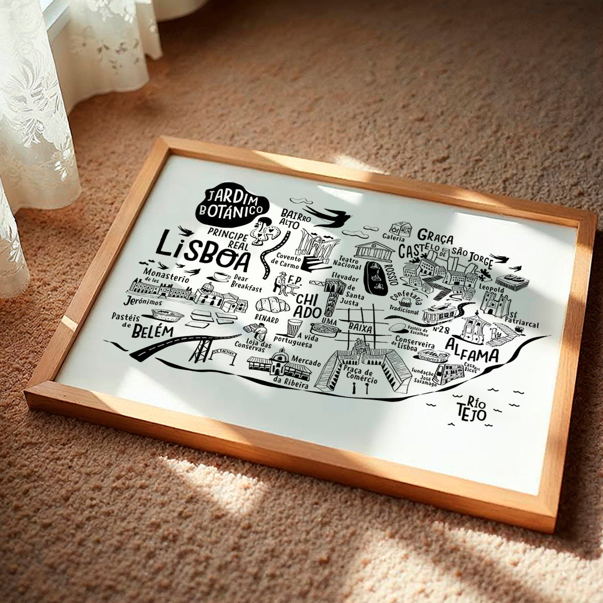 Framed map of Lisbon on a carpeted floor