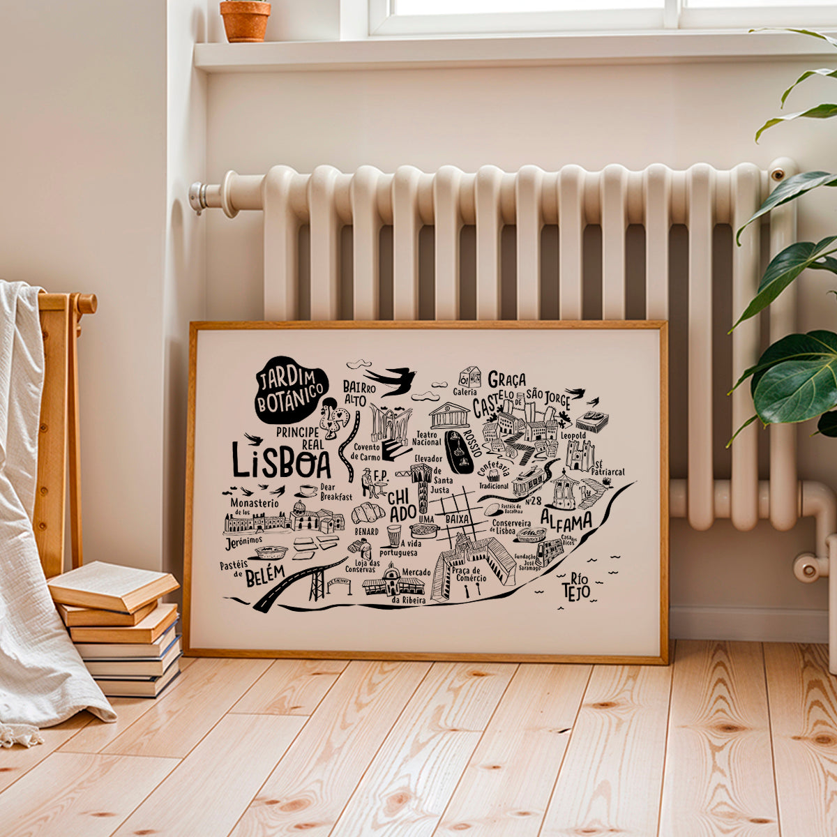 Framed map of Lisbon on a wall above a radiator with books and a plant.
