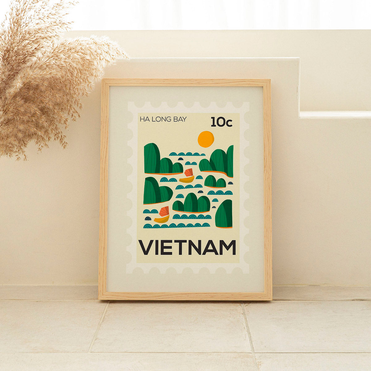 Framed poster of Ha Long Bay, Vietnam design on a wall.