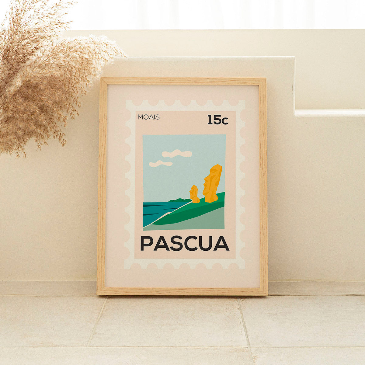 Framed artwork with 'Pascua' text and design on a light wall.