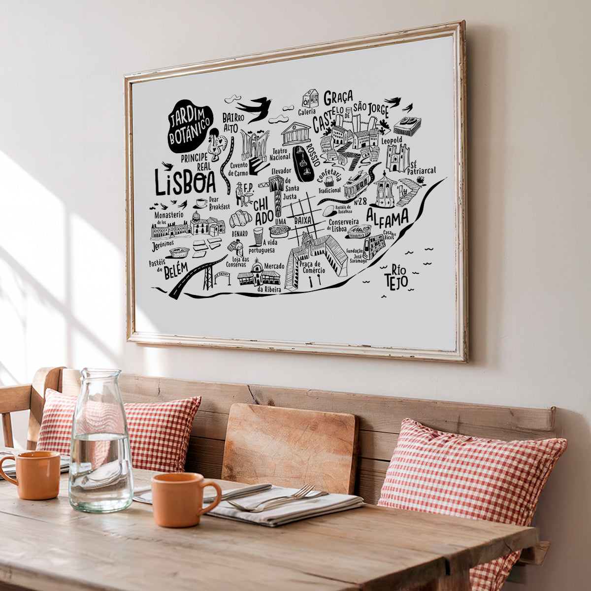 Framed map of Lisbon above a wooden bench with a table and decor items.