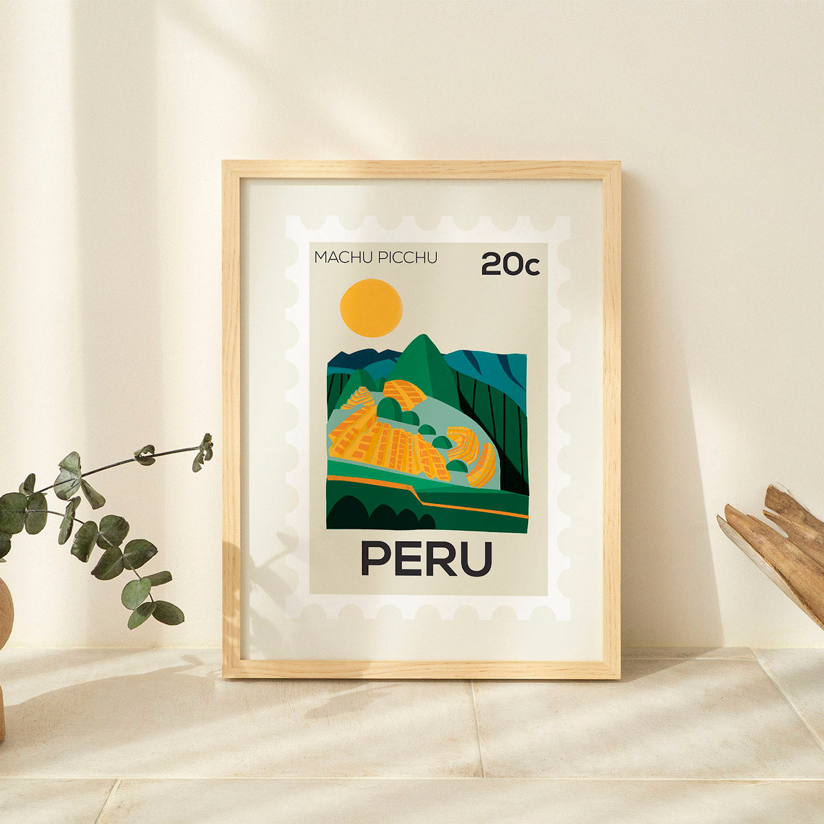 Framed poster of Machu Picchu with 'PERU' text on a light background