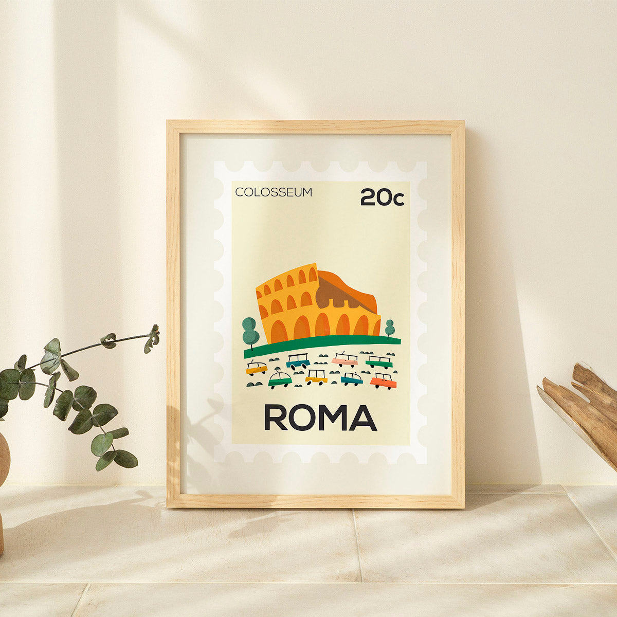 Framed poster of the Colosseum with 'Colosseum', '20c', and 'ROMA' text on a beige background.