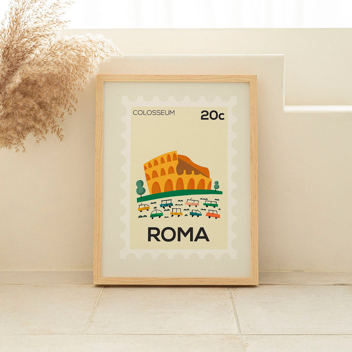 Framed poster of the Colosseum with 'Colosseum', '20c', and 'ROMA' text on a beige background.