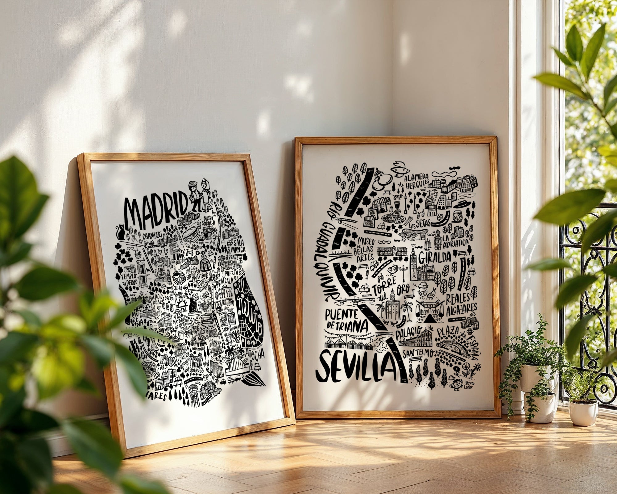 MOnochrome illustrated city maps prints from around the world by sira lobo
