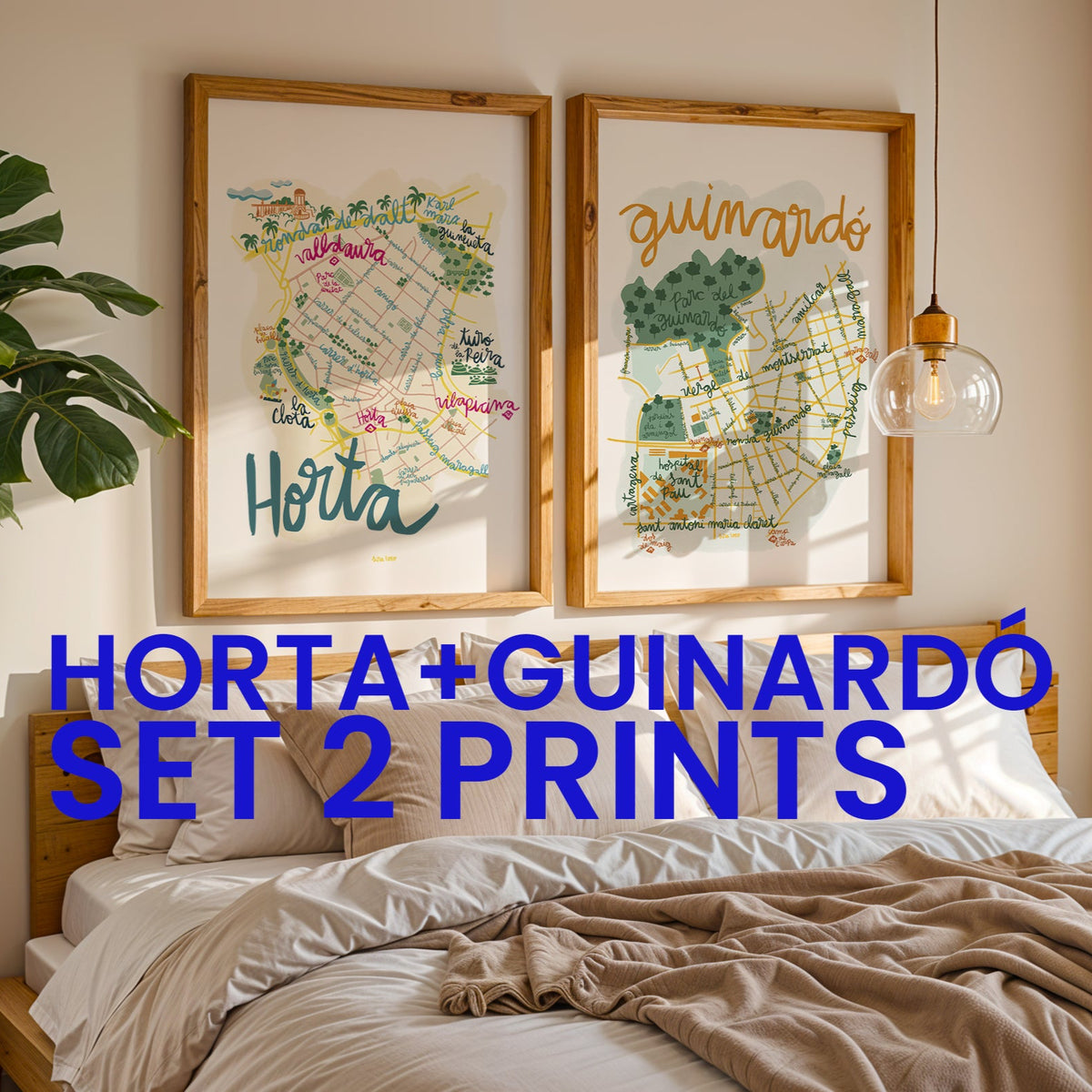 Two framed maps on a wall above a bed with 'Horta + Guinardó Set 2 Prints' text.