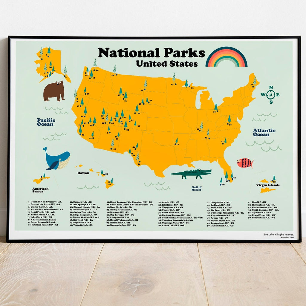 Mapa de parques nacionales de Estados Unidos. Descarga instantánea