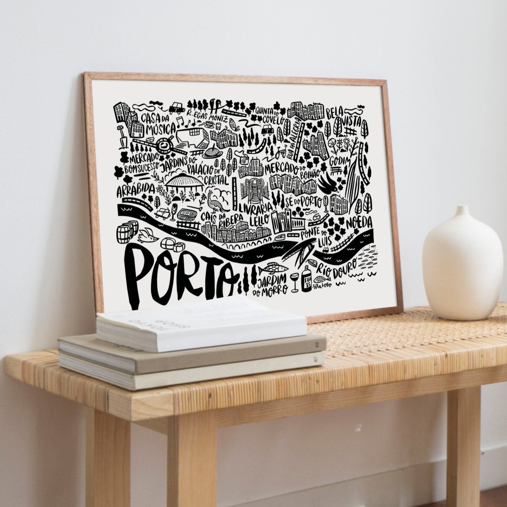 Porto Portugal illustrated map by Sira Lobo for living room decor and Travel Wall. Perfect Traveler's gift to keep memories alive.