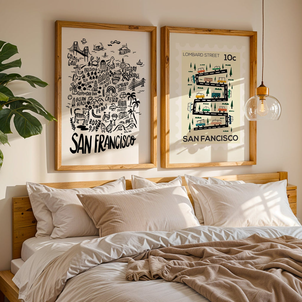 Bedroom with framed San Francisco artwork on the wall