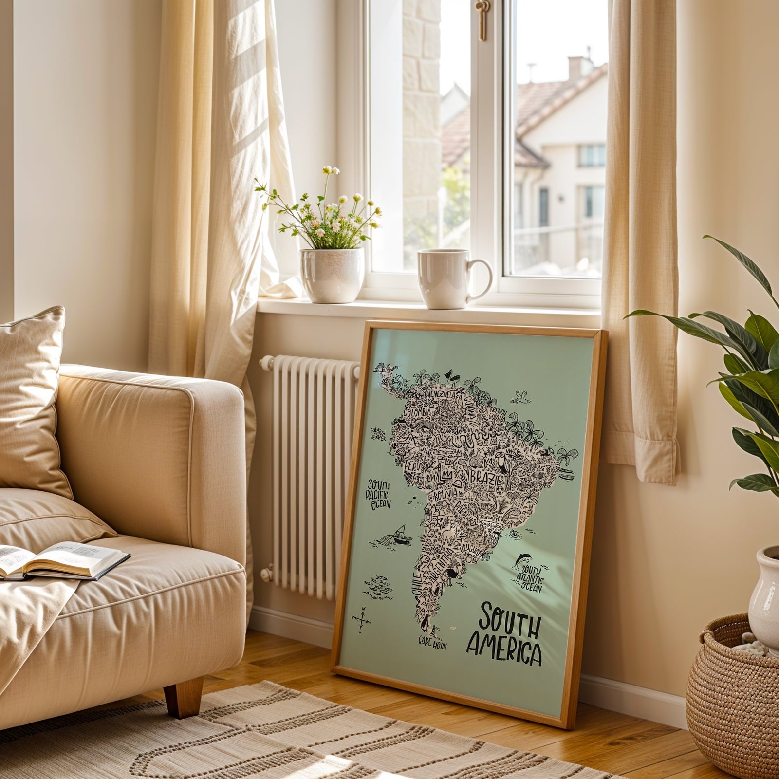 Living room with beige sofa, map of South America, and plants