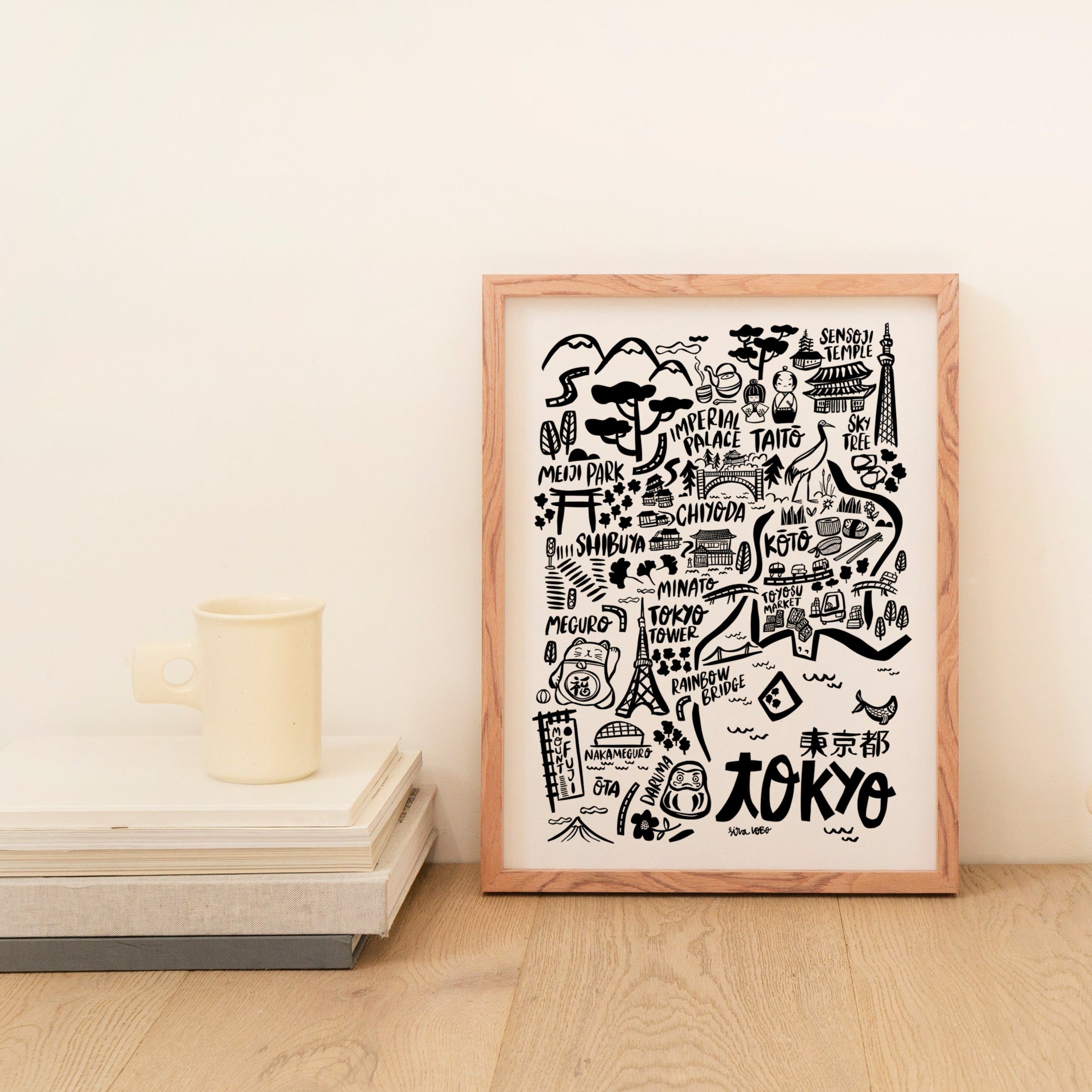 Tokyo illustrated map by Sira Lobo. Travel Art for living room decor