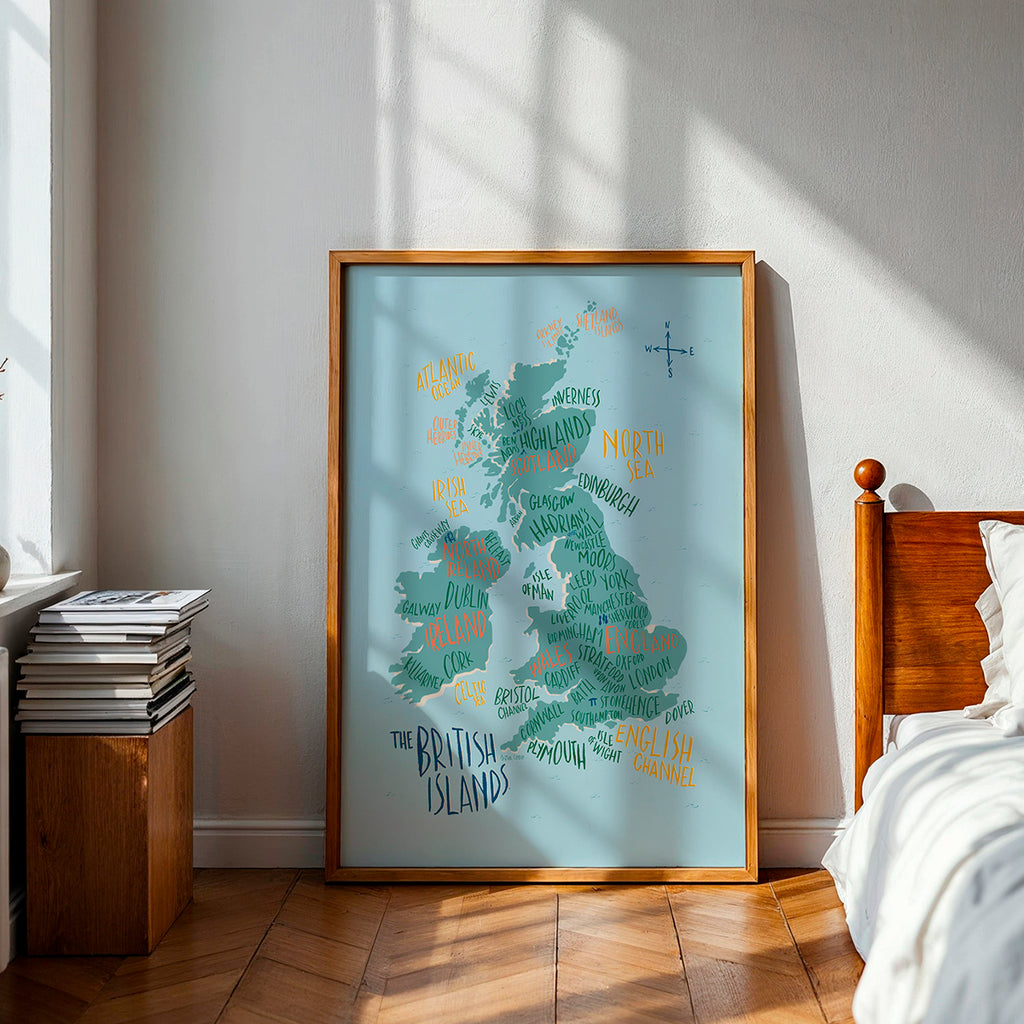 Framed map of the British Isles on a wall in a bedroom