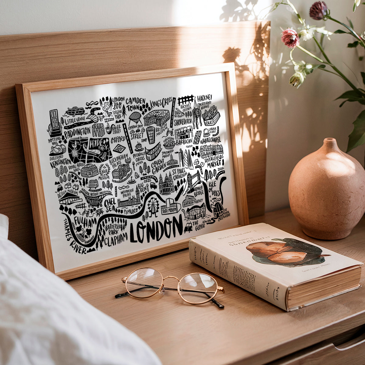 Framed map of London on a wooden surface with a book and glasses.