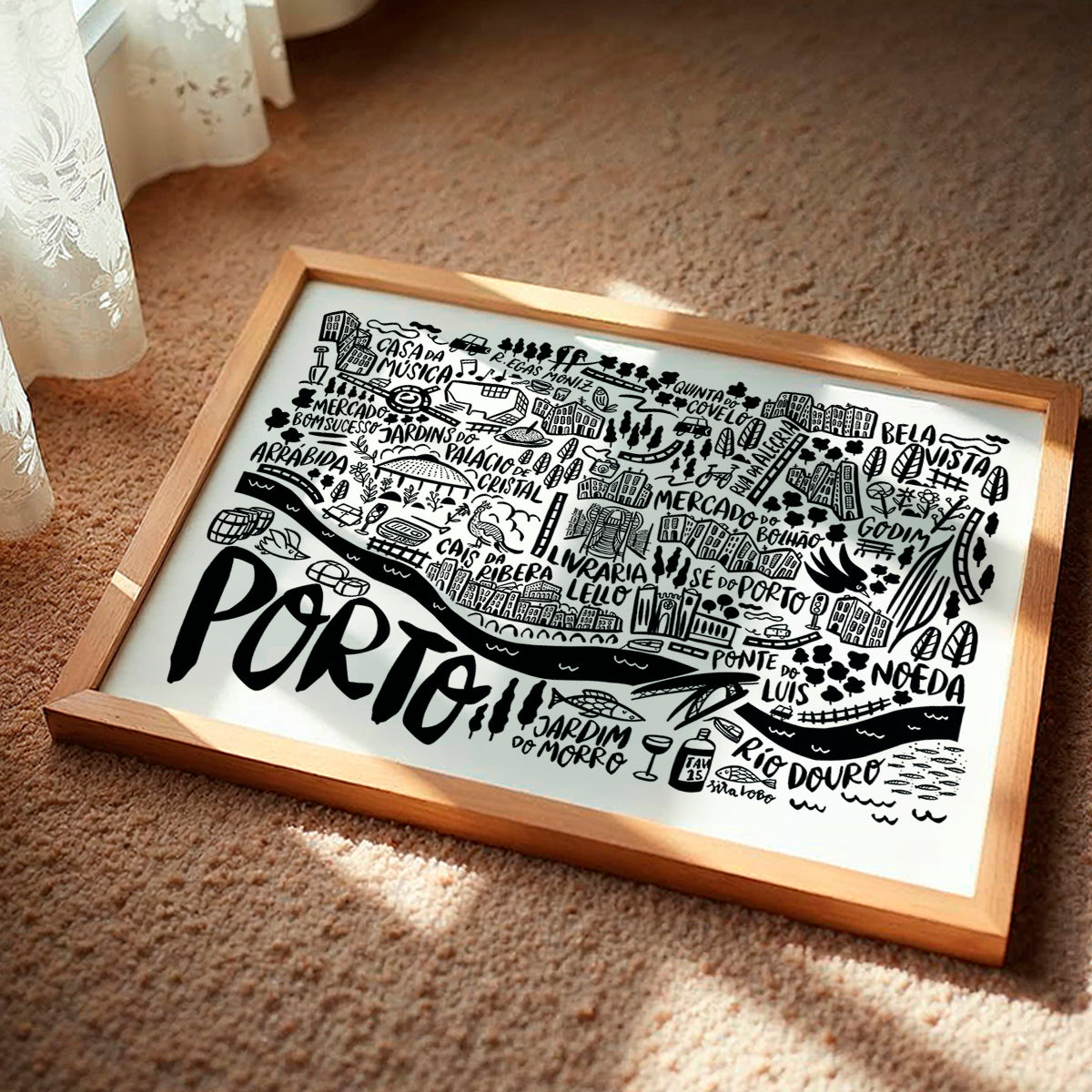 Framed artwork of Porto with black text and illustrations on a white background