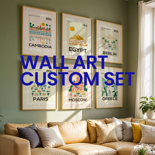 Set of framed wall art prints on a wall above a sofa with 'Wall Art Custom Set' text overlay.